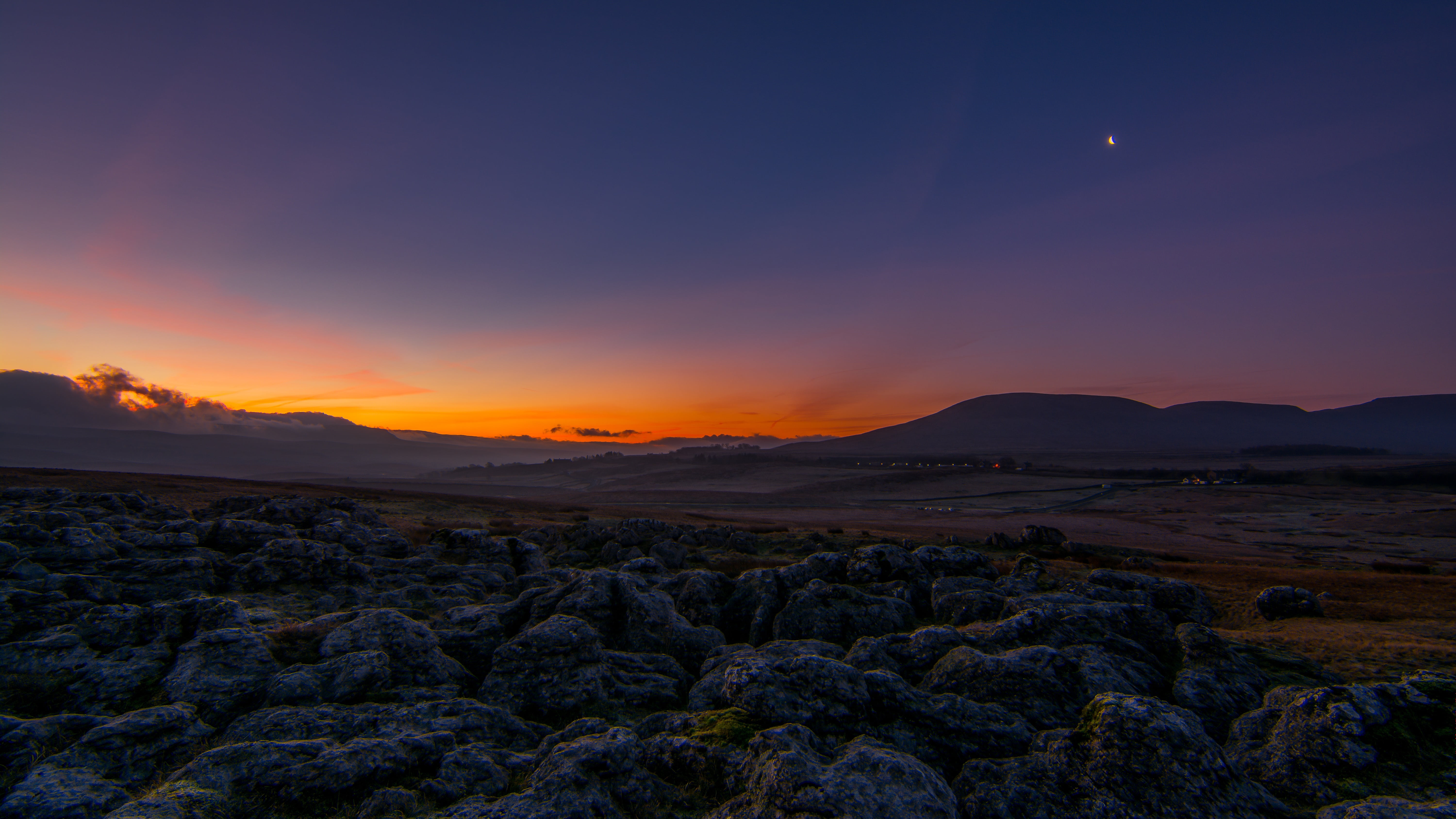 rural, january, clear, hour, moon, cloud, 5K, color, dramatic sky, rock - object, winter, cloud - sky, mountain, outdoor, sunrise, limestone, outdoors, HD Wallpaper