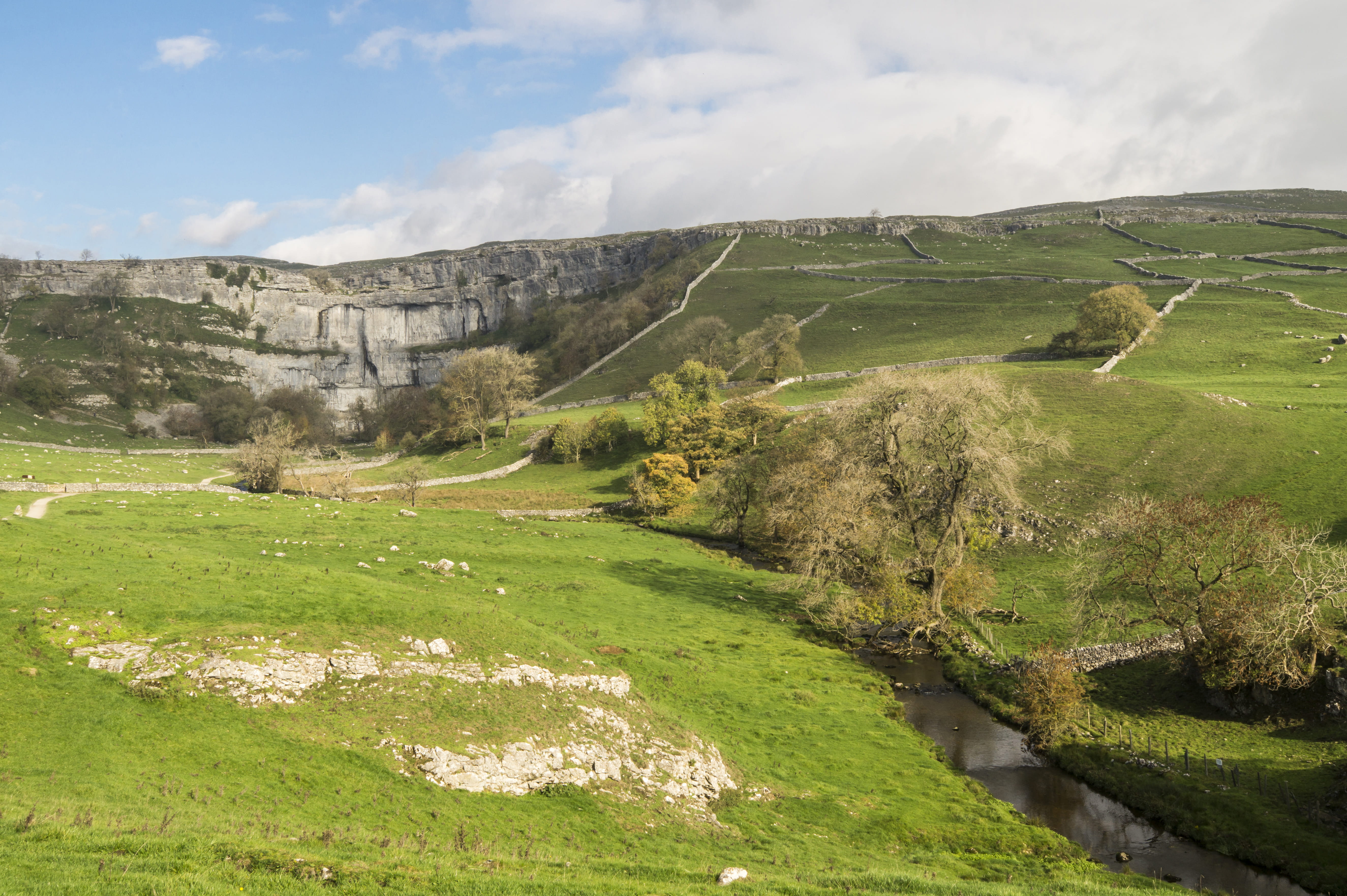 nature, environment, cloud - sky, tranquil scene, beauty in nature, grass, landscape, scenics - nature, mountain, sky, river, tranquility, malham cove, HD Wallpaper