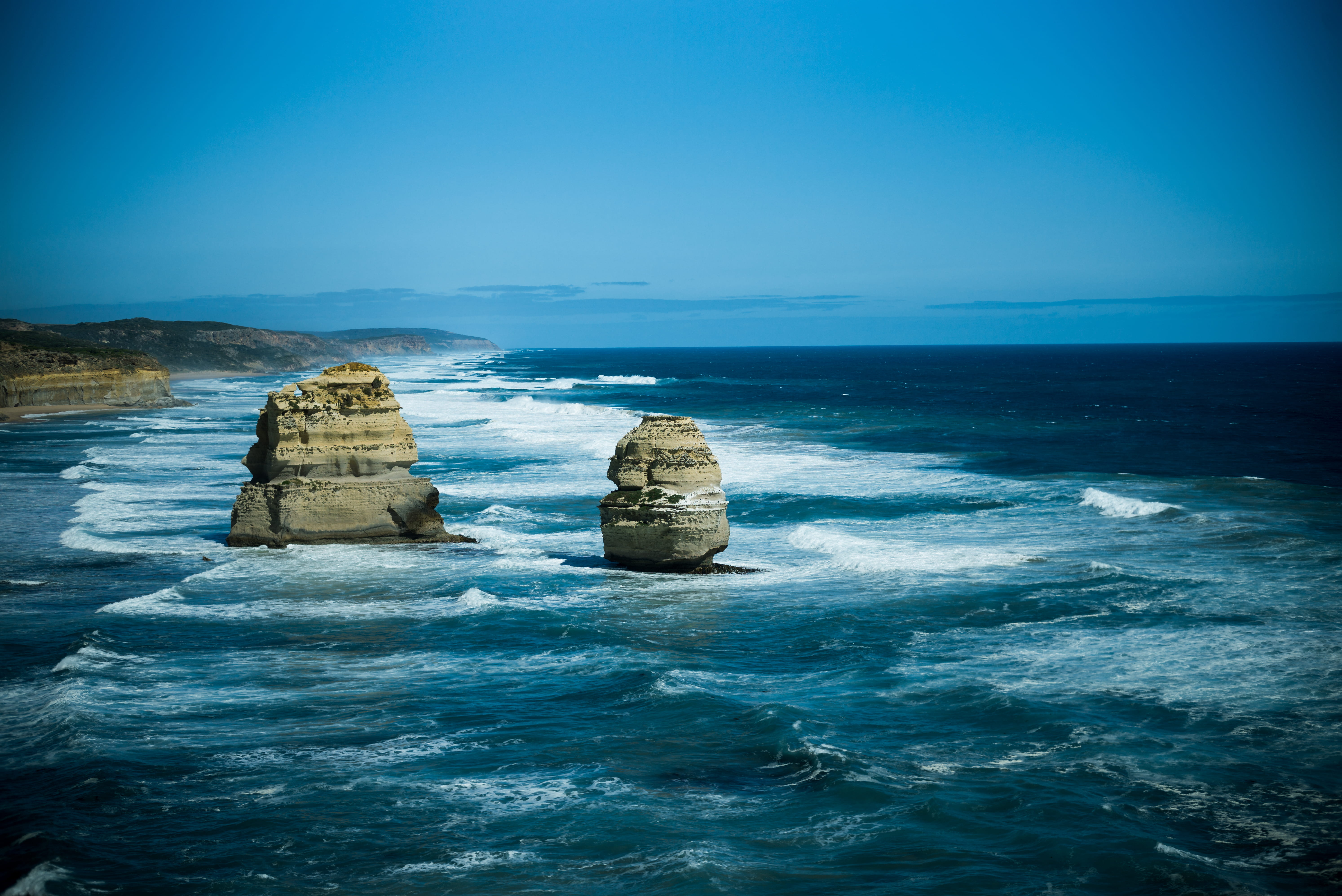 scenery, blue, rock formation, no people, sea, peninsula, shoreline, stack rock, 5K, day, scenics - nature, waterfront, fomations, sky, sea waves, HD Wallpaper