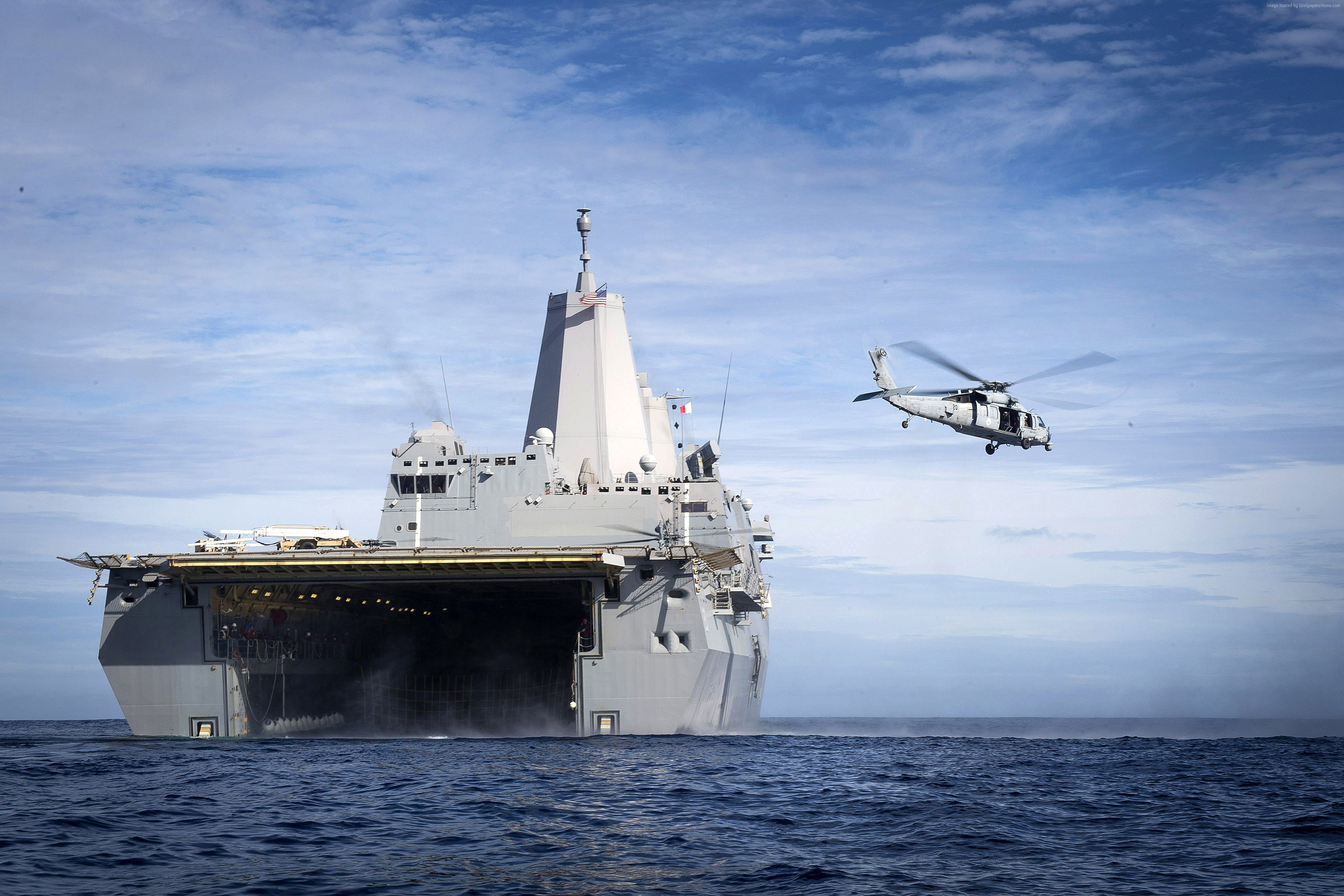 LPD-23, helicopter, U.S. Navy, transport dock, amphibious, San Antonio-class, 4K, USS Anchorage, HD Wallpaper