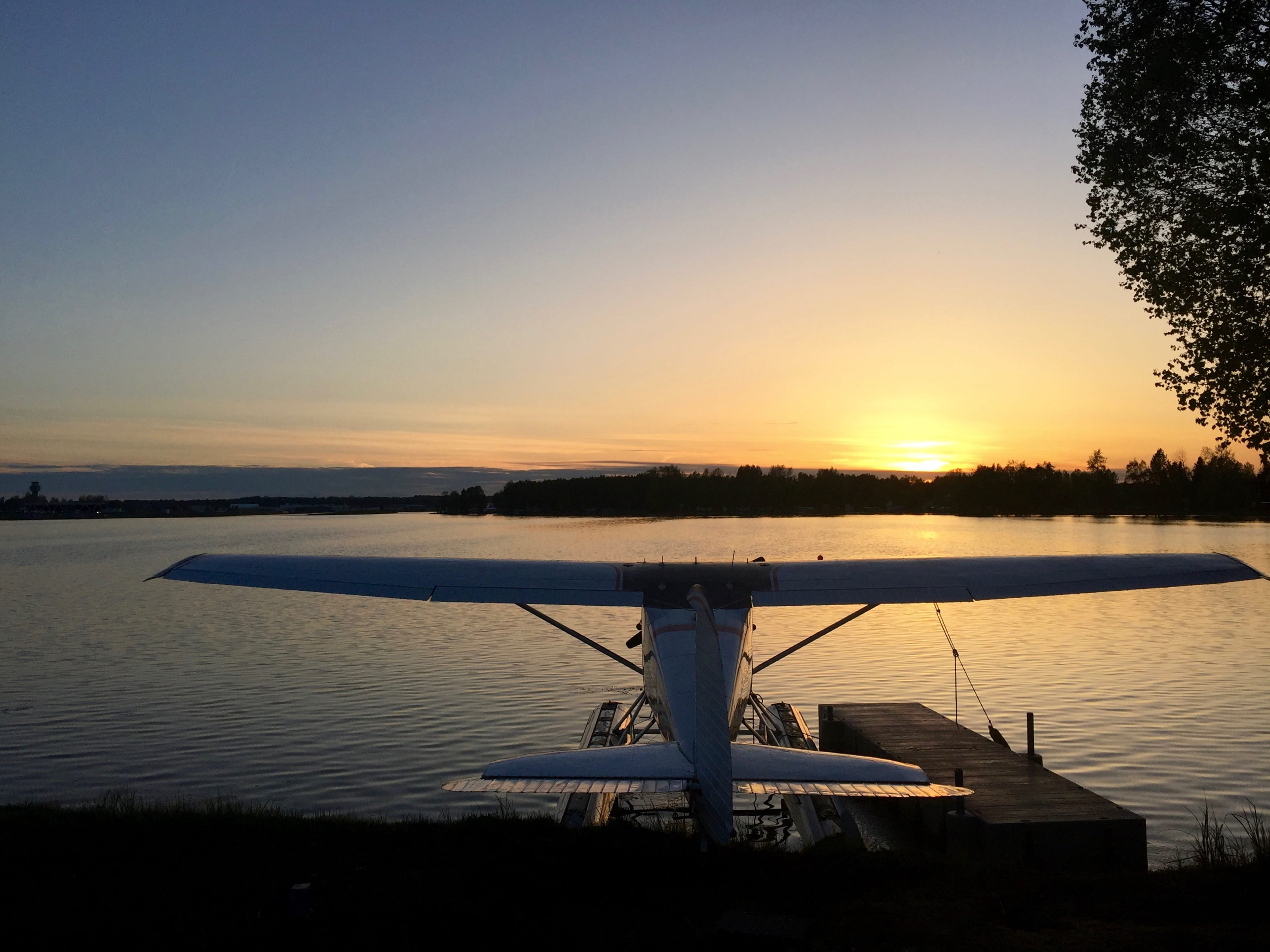 floatplane, anchorage, beauty in nature, united states, nature, orange color, sky, plane, tree, clear sky, outdoors, plant, sunset, turnagain, tranquility, HD Wallpaper