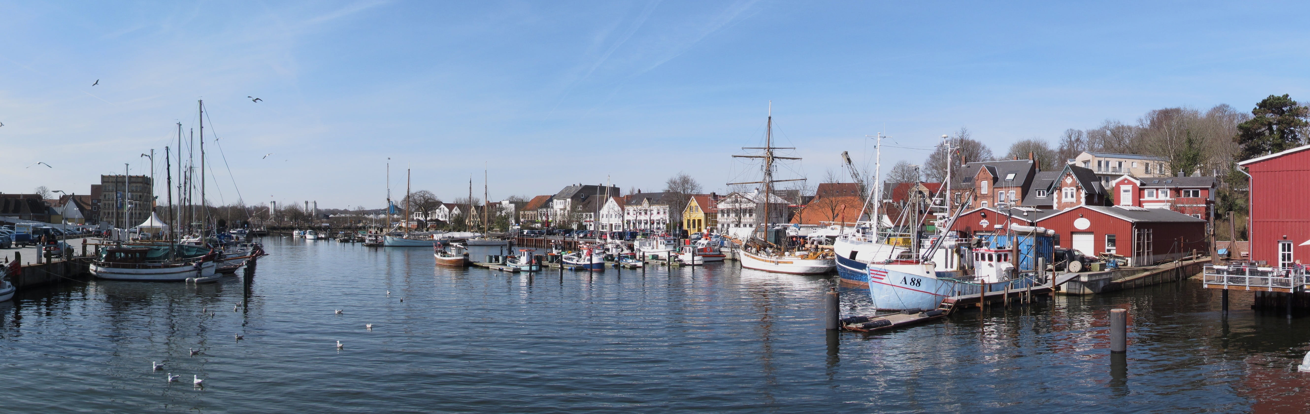 panoramic image, transportation, waters, sea, panorama, networks, fishing boats, mode of transportation, nature, baltic sea, germany, blue, port, sky, water, HD Wallpaper