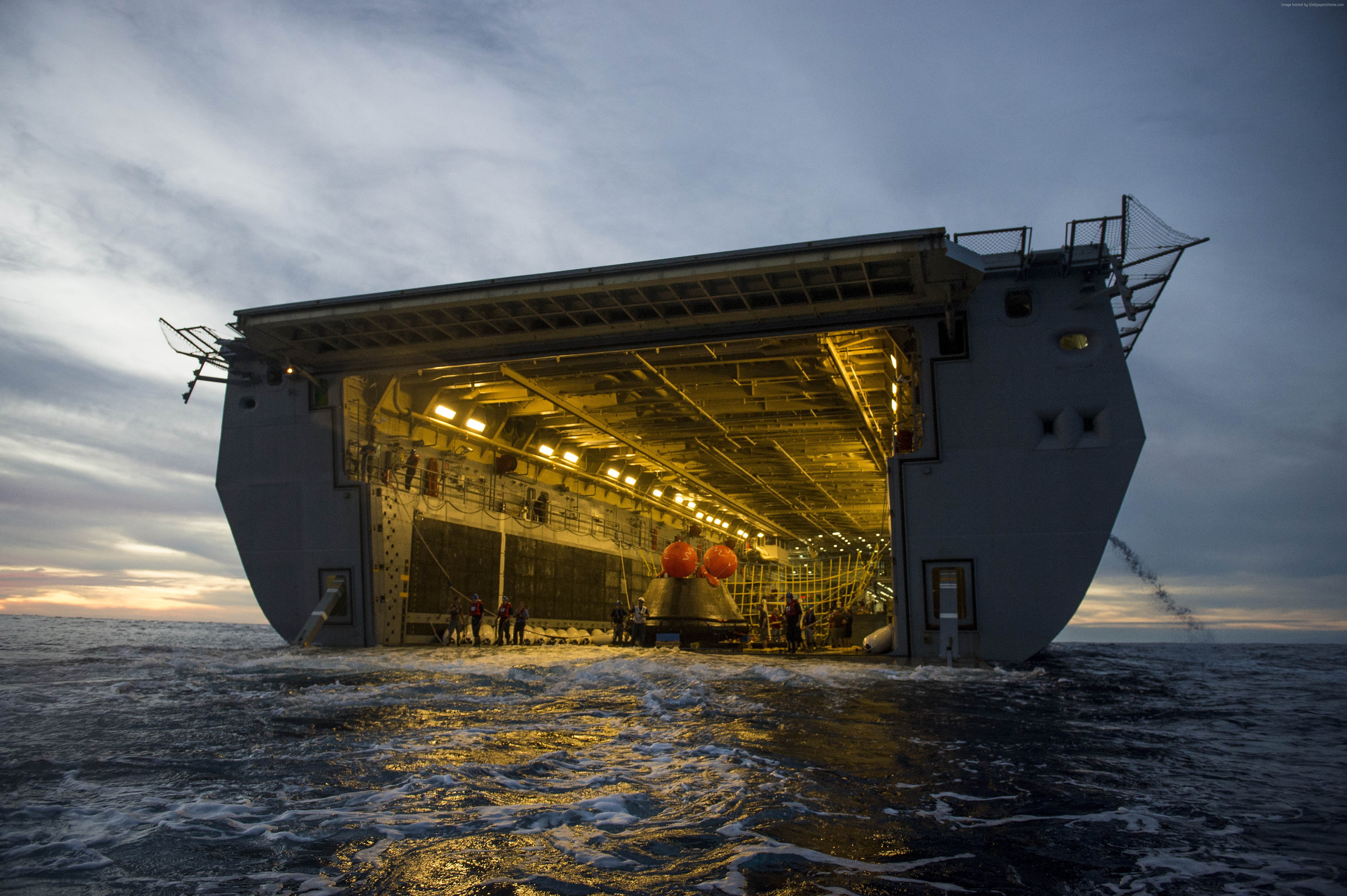 nature, no people, 4K, winter, land, cold temperature, MC1, sunset, motion, transportation, USS Anchorage, water, NASA, illuminated, Orion spaceship, horizon over water, HD Wallpaper