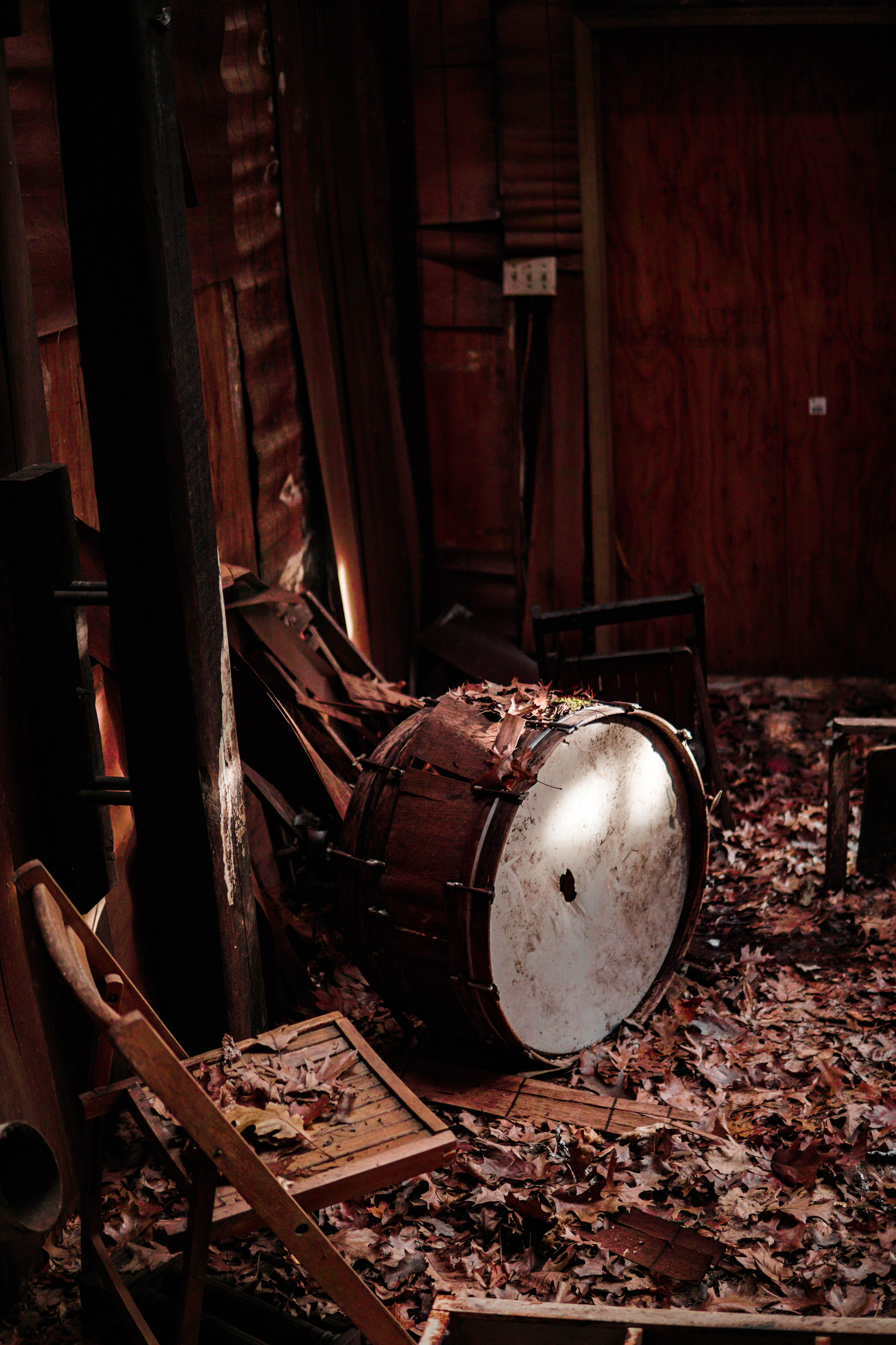 drum, building, post, no people, indoors, day, metal, snare, black, damaged, 5K, abandoned, old, beside, domestic room, industry, wood - material, obsolete, Phone HD Wallpaper
