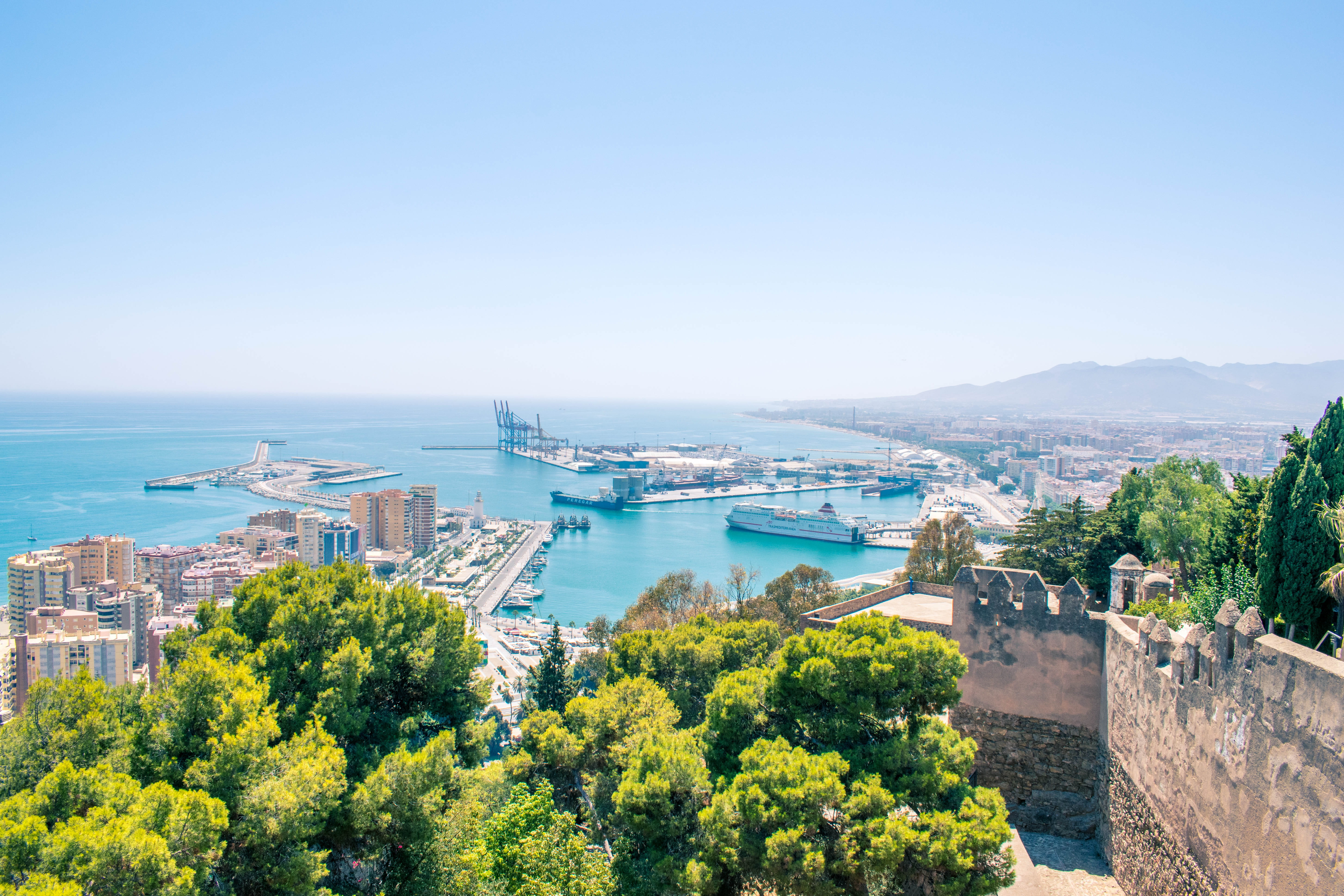 scenics - nature, view, castle, landscape, ship, city, town, building exterior, sky, copy space, vessel, sea, no people, málaga, outdoors, building, day, HD Wallpaper