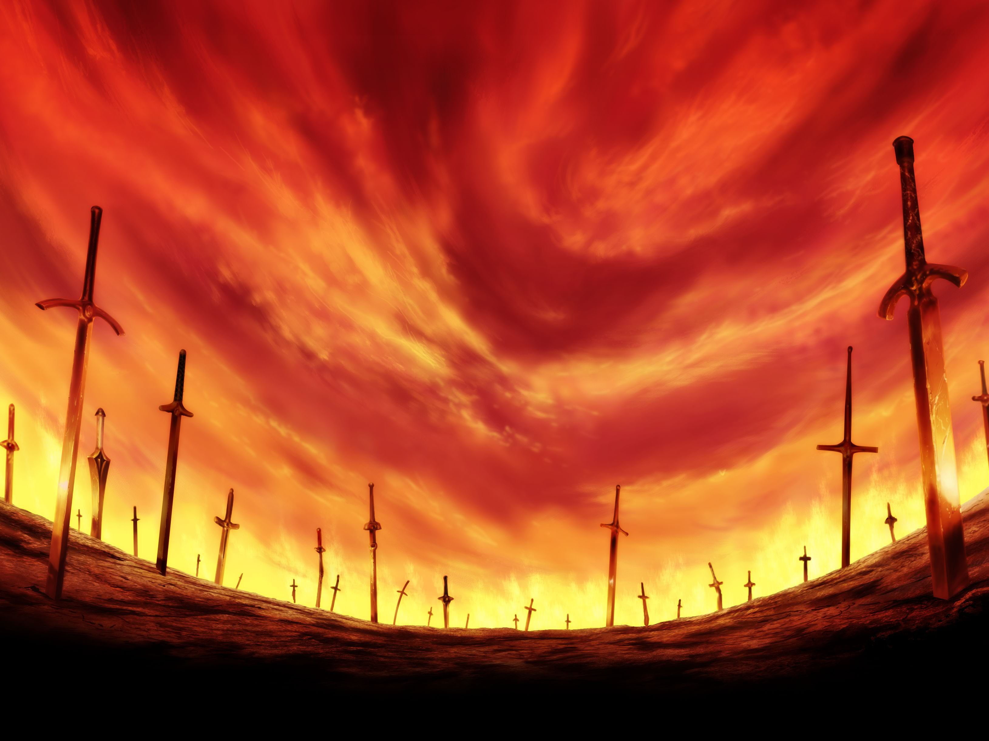 the sky, 2K, swords, field, glow, bloody, HD Wallpaper