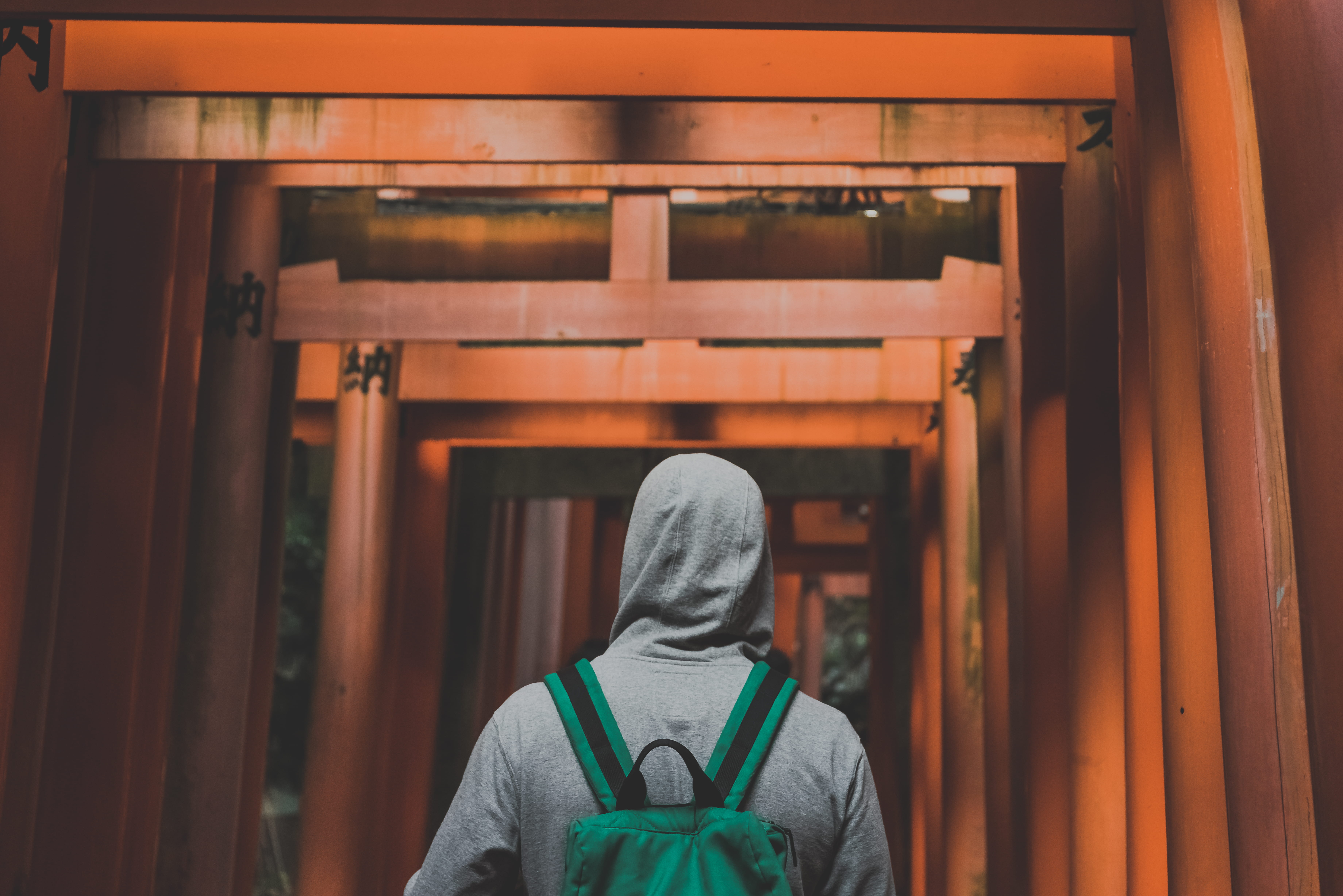 sanctum, backpack, women, real people, building exterior, walking, wooden, hood, lifepath, person, wearing, architecture, clothing, gray, hoodie, built structure, HD Wallpaper