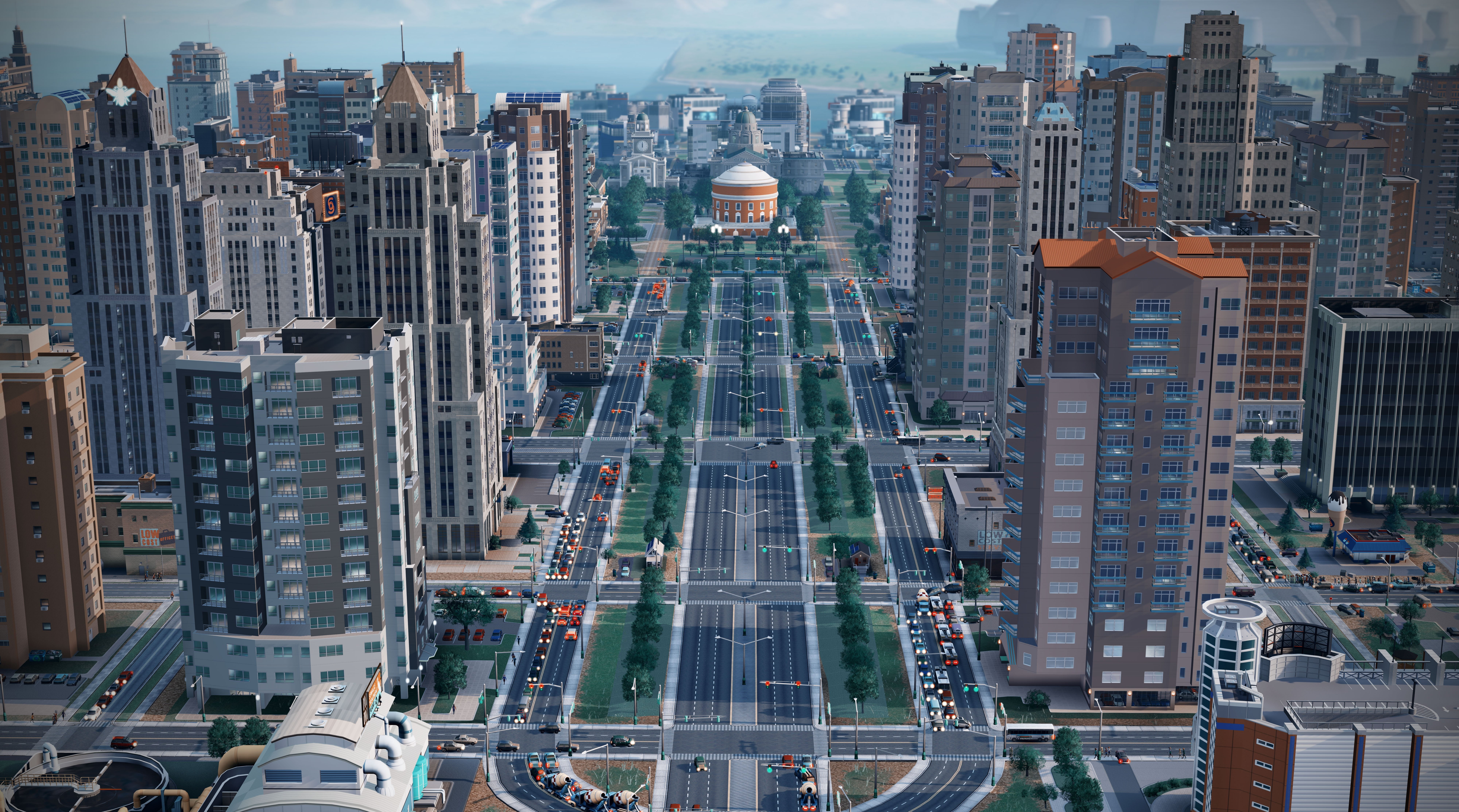 simcity, city, built structure, motor vehicle, office building exterior, no people, land vehicle, outdoors, car, Games, construction, architecture, cityscape, HD Wallpaper