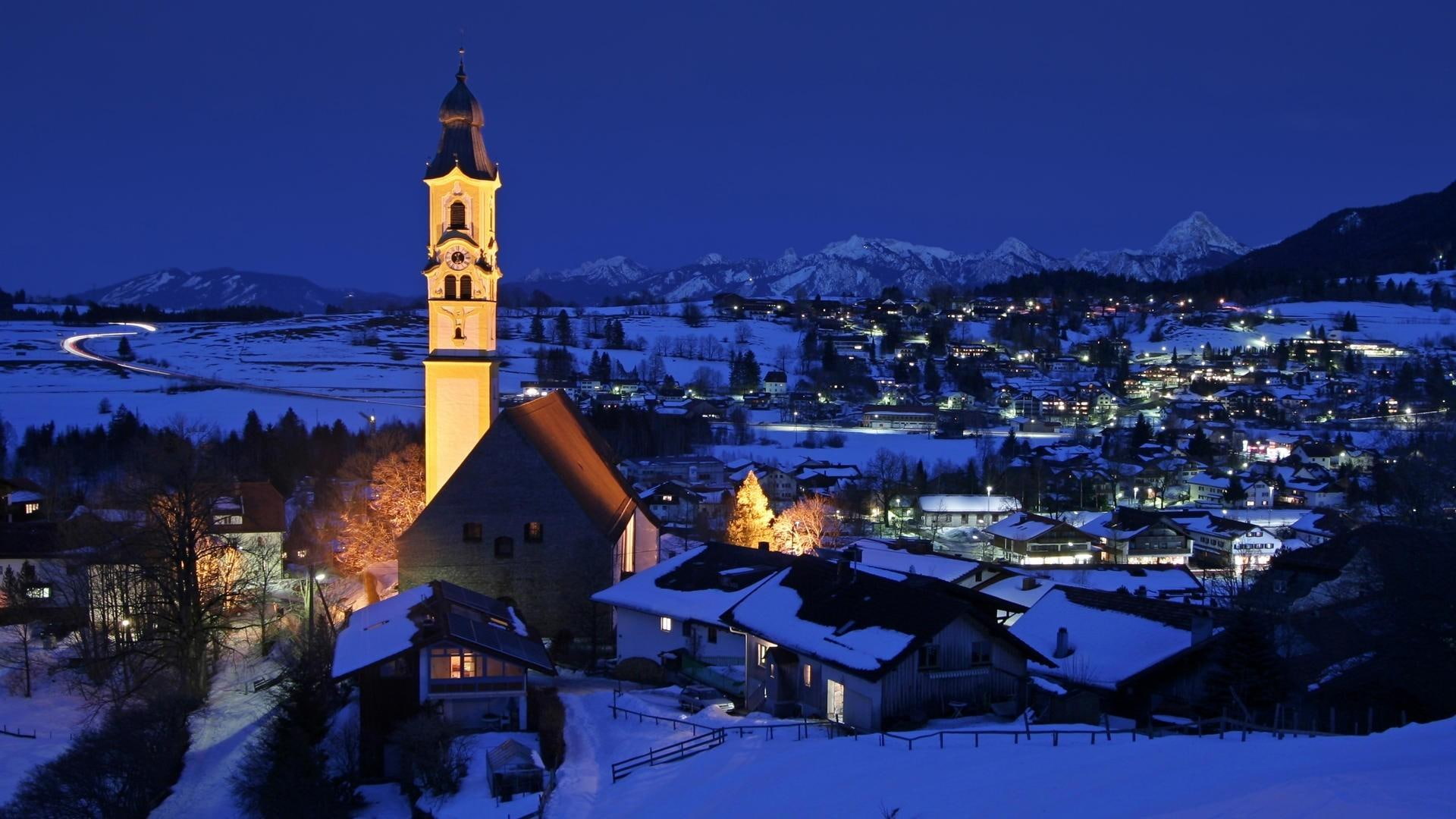 church, alps, german, village, nature and landscapes, peaceful, lights, 1080P, night, HD Wallpaper