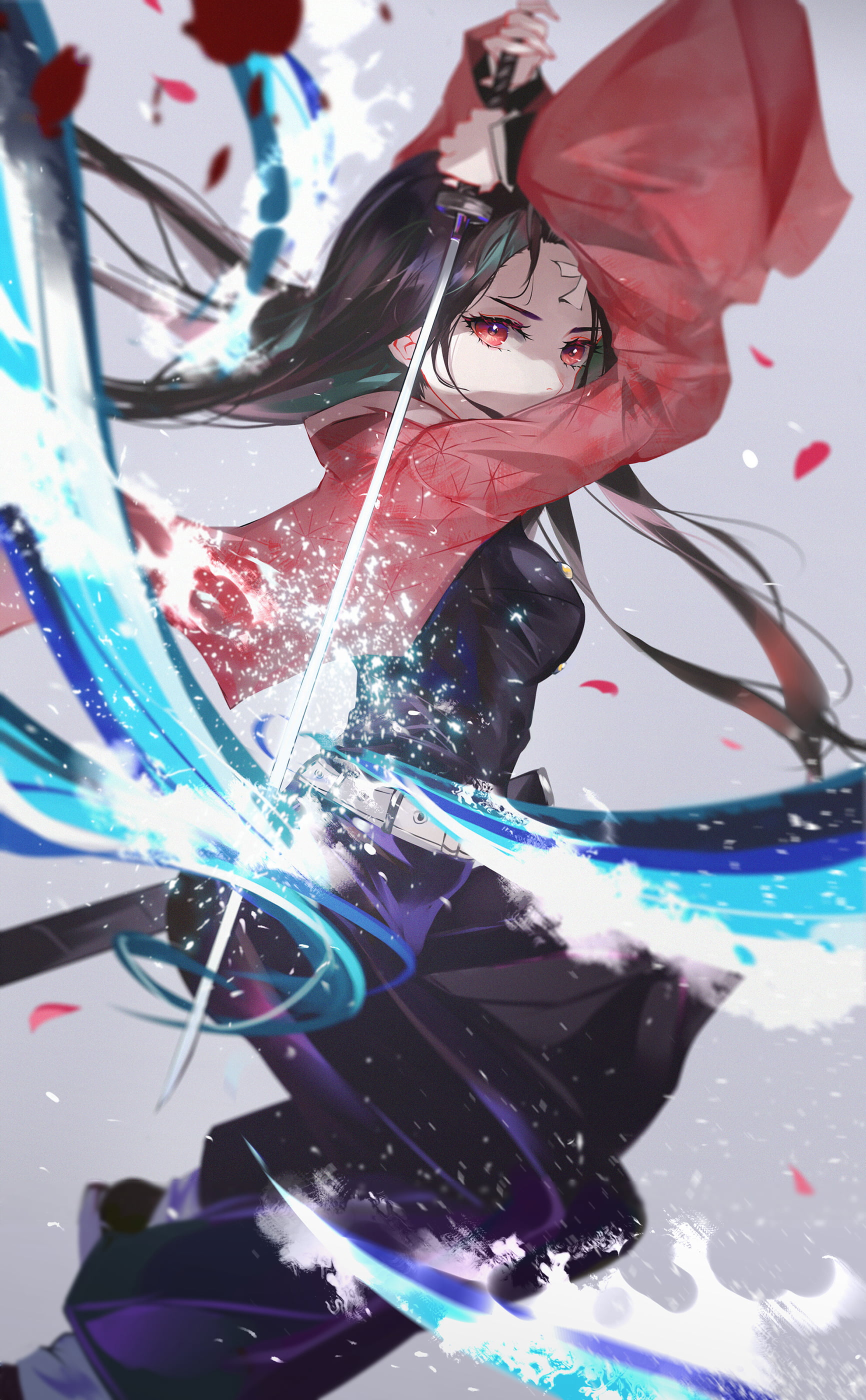 2K, long hair, vertical, Girl With Weapon, black hair, red eyes, katana, anime, anime girls, portrait display, Phone HD Wallpaper