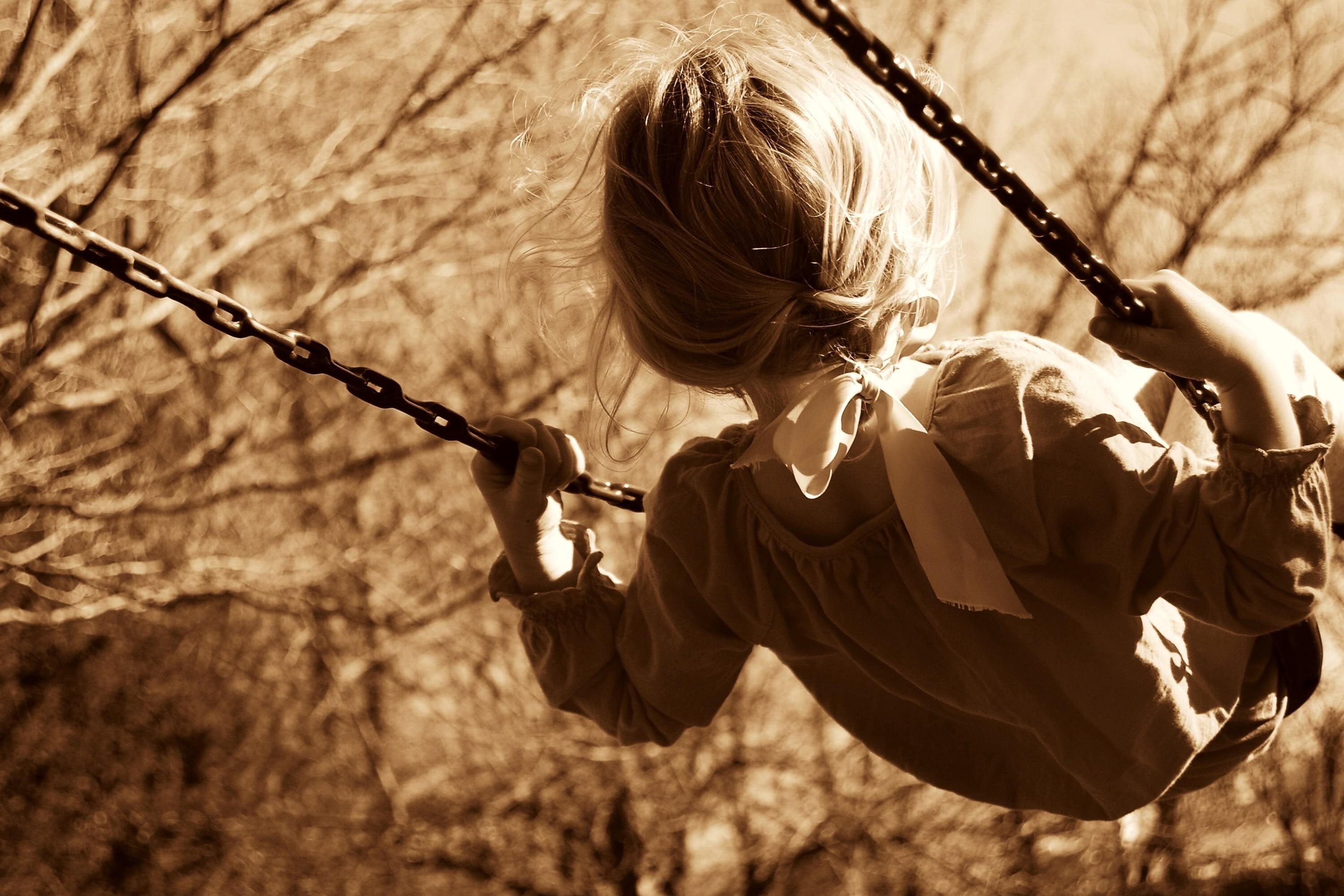 sepia, child, girl, 2K, swing, HD Wallpaper