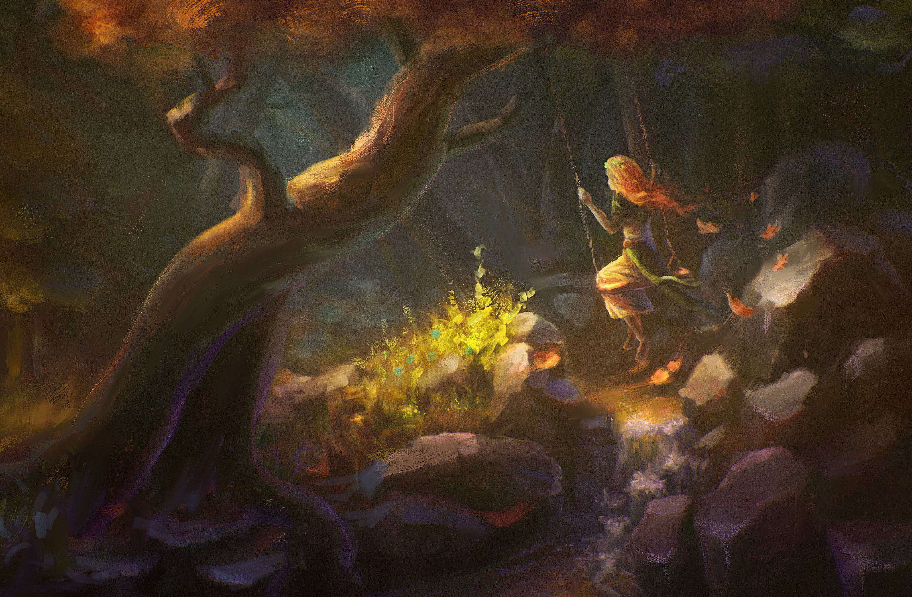 2K, swings, forest, fantasy art, HD Wallpaper