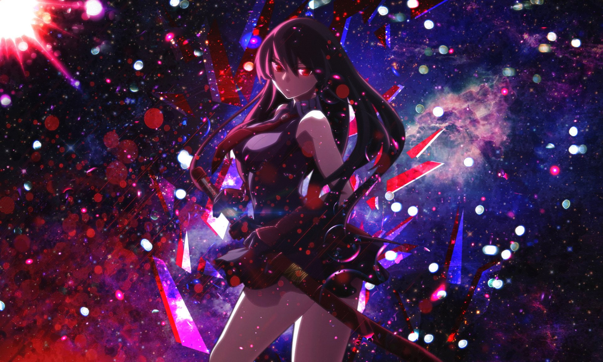 female, multi colored, Dress, illuminated, Black Dress, sea, one person, night, Katana, nature, Girl, 1080P, water, Anime, Long Hair, close-up, real people, HD Wallpaper