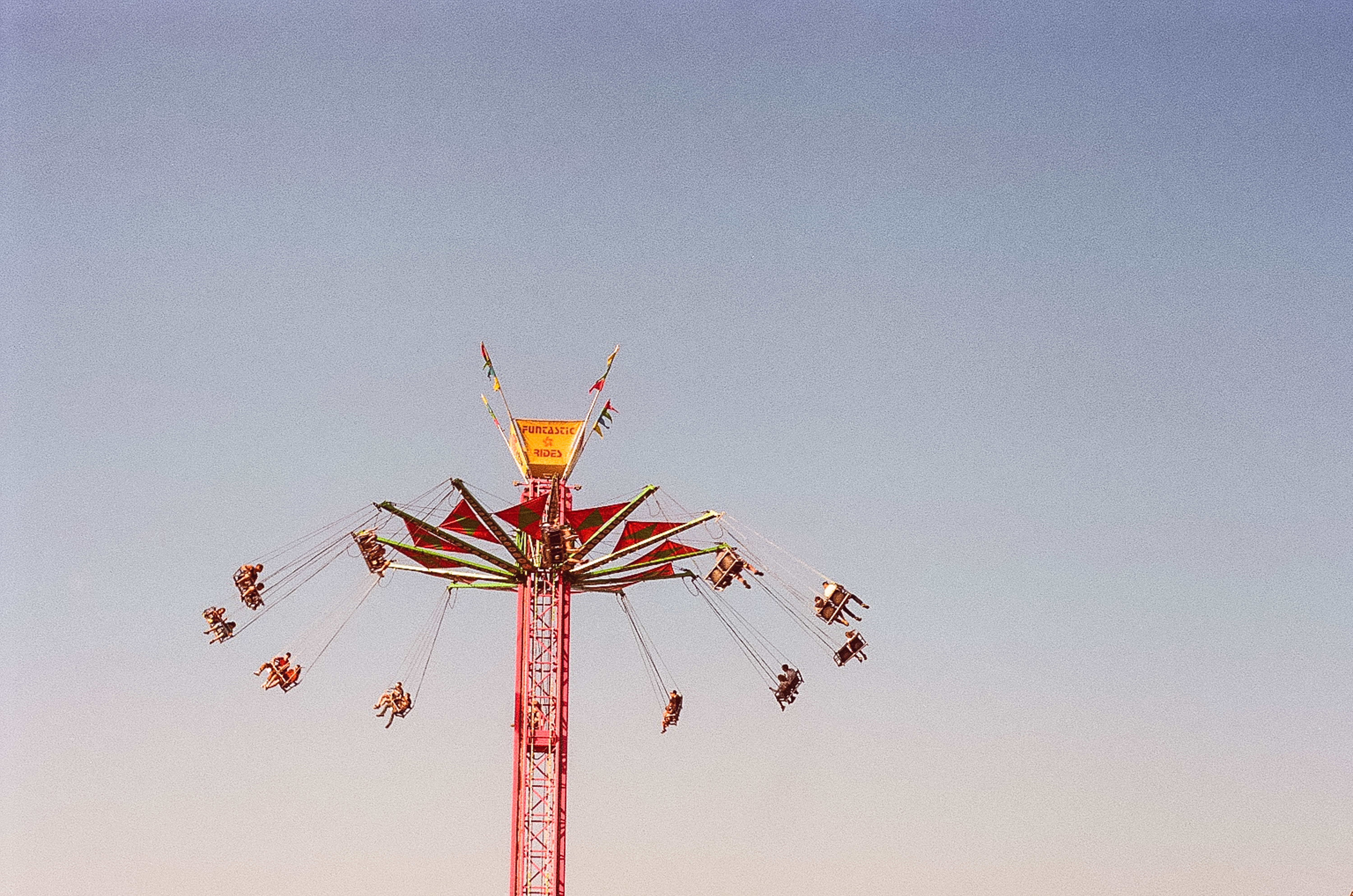 tower, daytime, gray, leisure activity, no people, low angle view, bright, chain swing ride, scenic, enjoyment, exhilaration, sky, motion, outdoors, spinning, HD Wallpaper