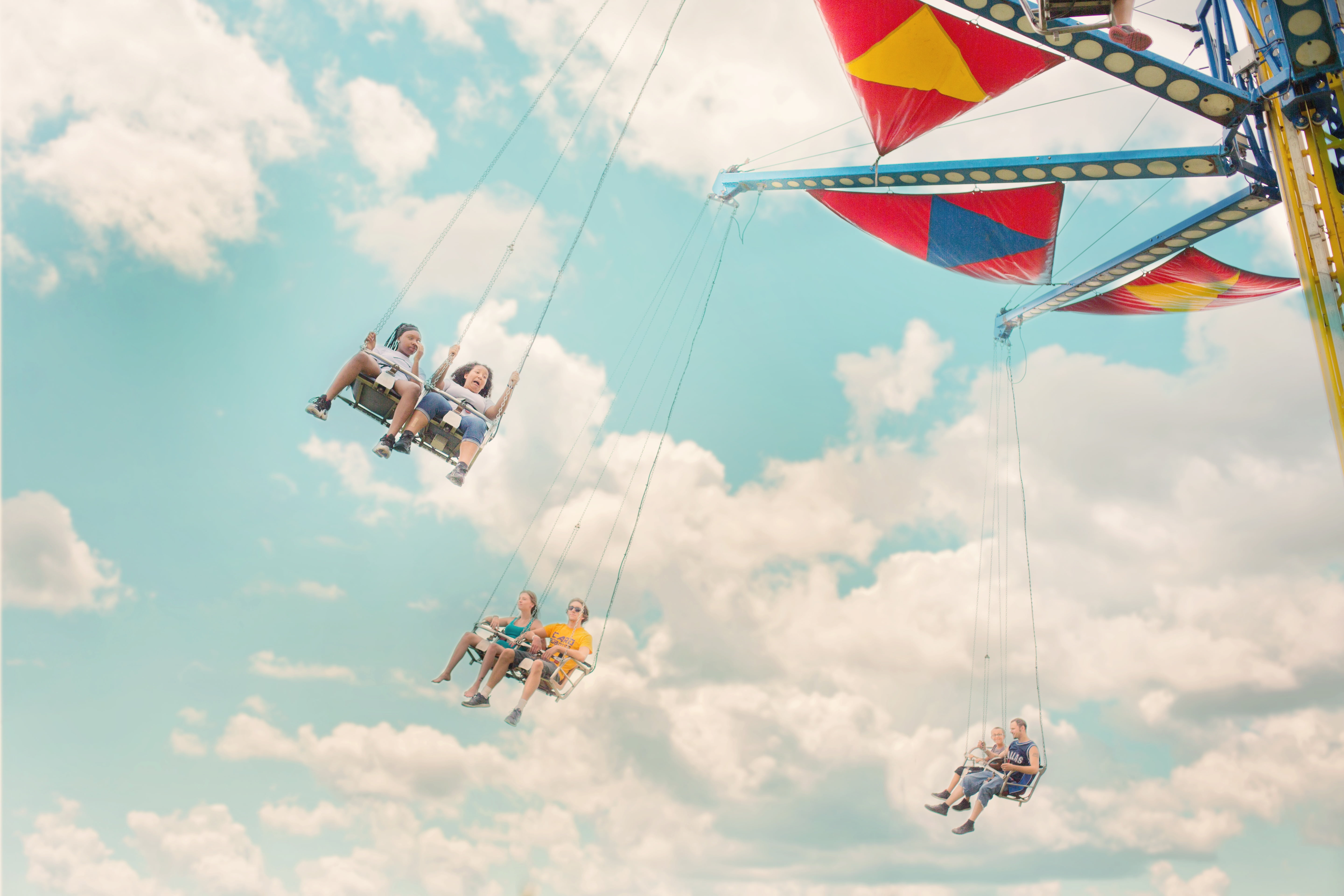 flying, group, county fair, recreation, fair, happiness, chain swing ride, swing, transportation, fun, cloud - sky, amusement park, summer, leisure activity, HD Wallpaper