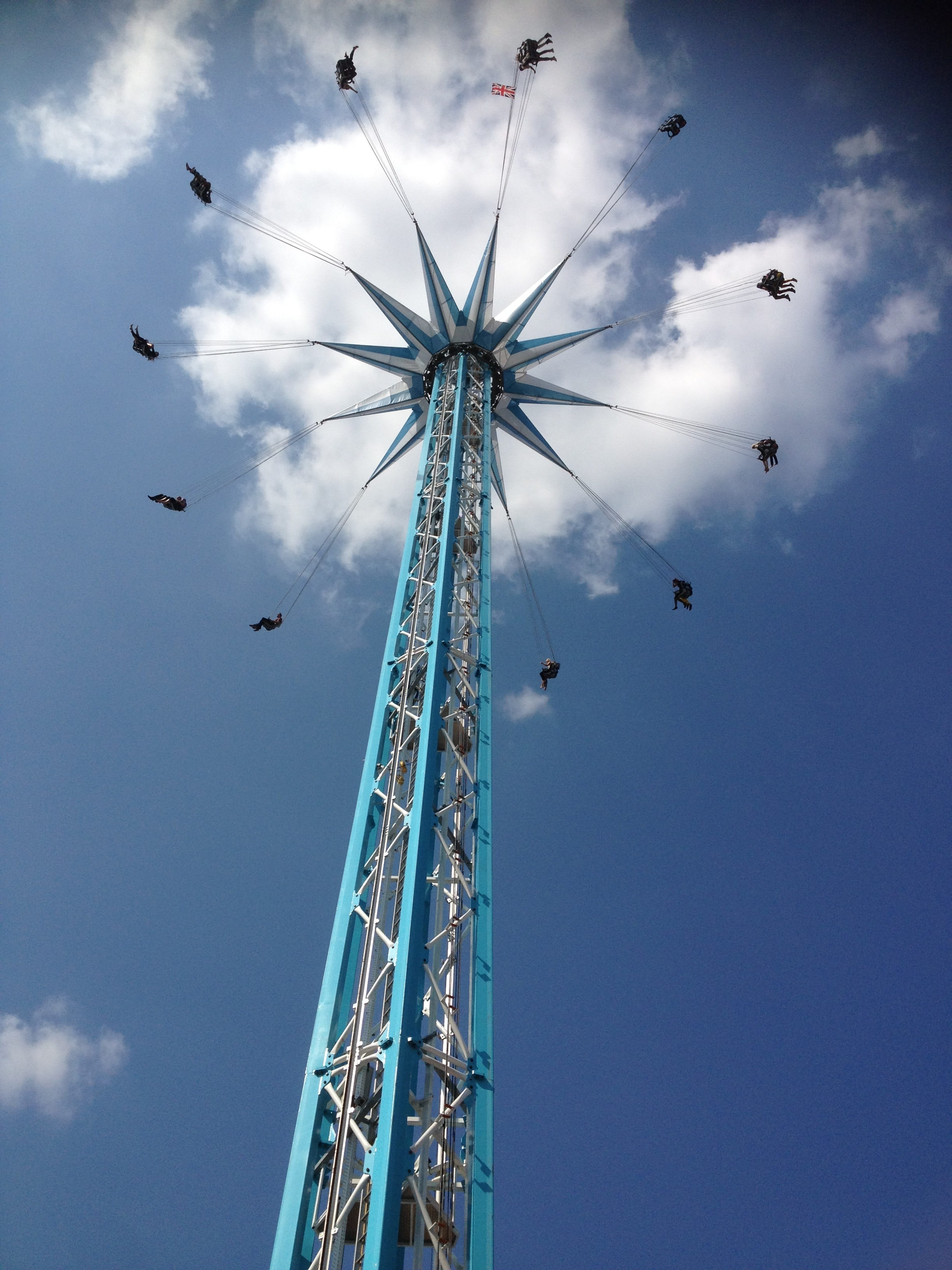 metal, outdoor, excitement, fairground, amusement park ride, high, ride, blue, cloud - sky, chain swing ride, architecture, nature, amusement park, tall - high, Phone HD Wallpaper