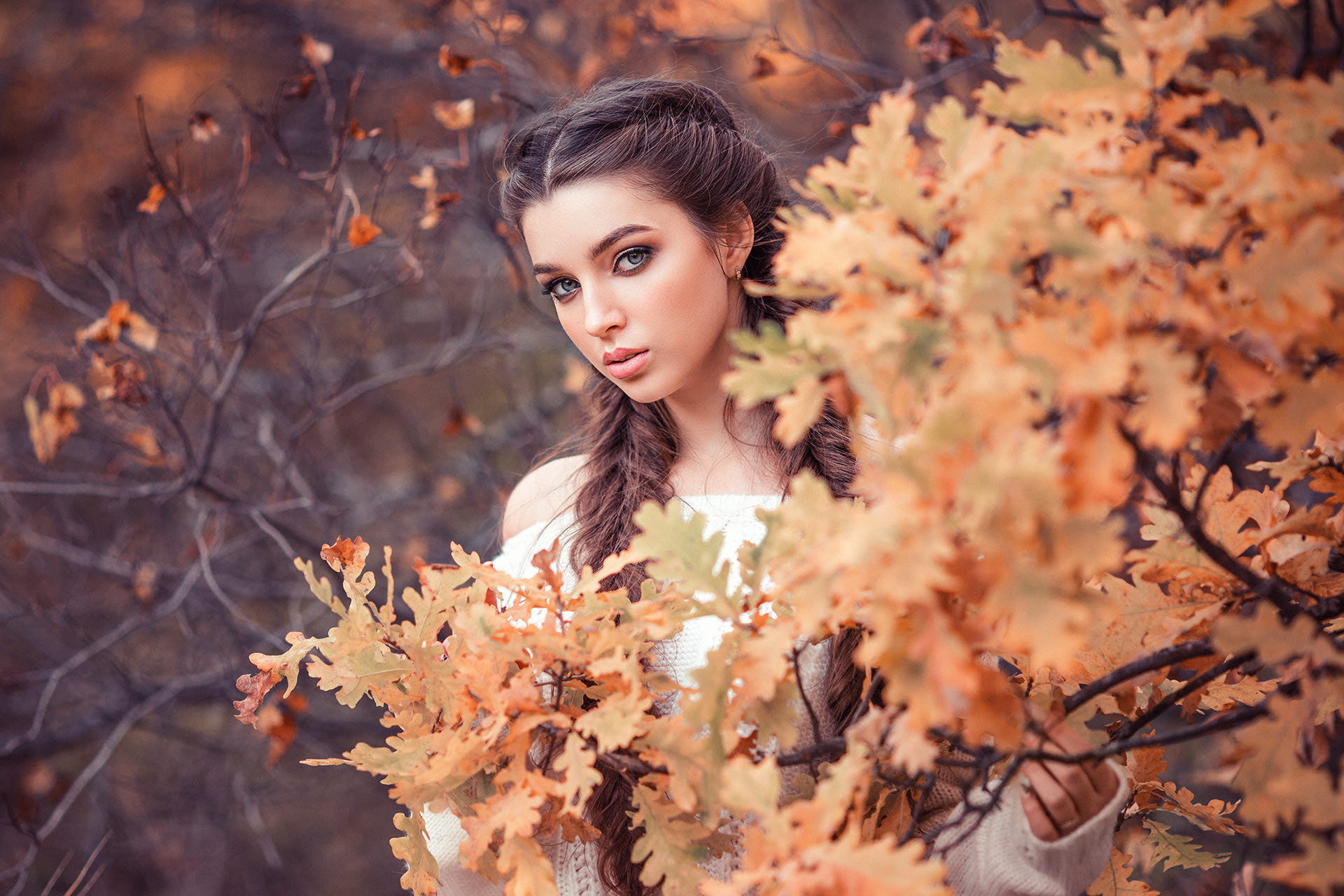 Vika Ponkratova, leaves, depth of field, women, bare shoulders, long hair, women outdoors, face, fall, trees, portrait, Sergey Shatskov, 1080P, braids, HD Wallpaper