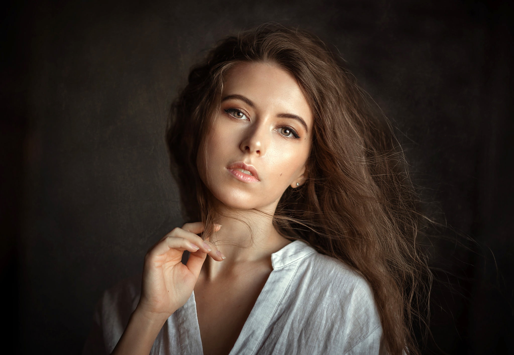 beauty, 1080P, in white, model, Albert Lesnoy, background, look, pose, portrait, hairstyle, Vika, brown hair, Albert Forest, makeup, HD Wallpaper