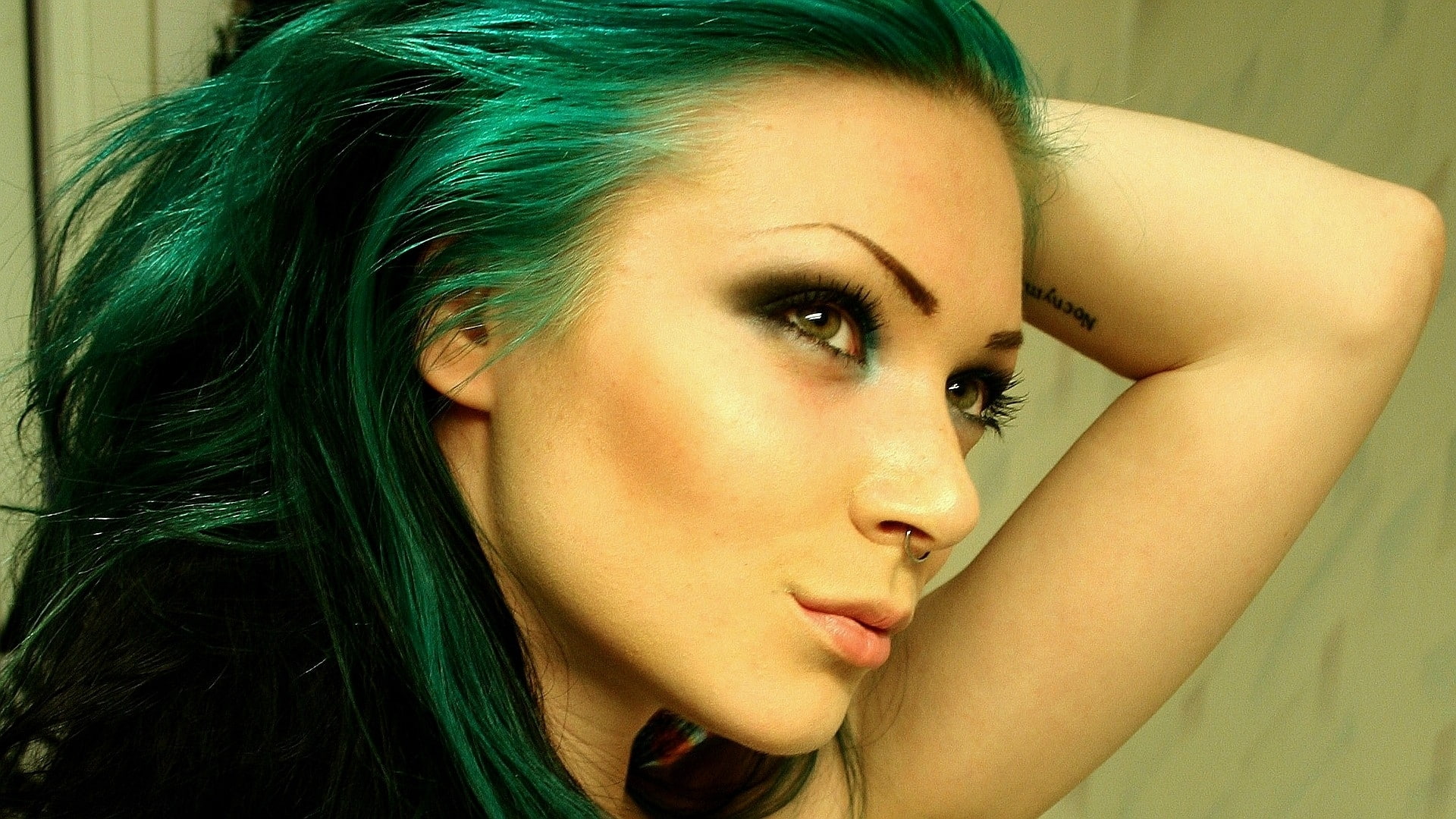 women, faces, green, 1080P, tattoos, hd, hair, colored, vika, piercings, x, jigulina, art, HD Wallpaper
