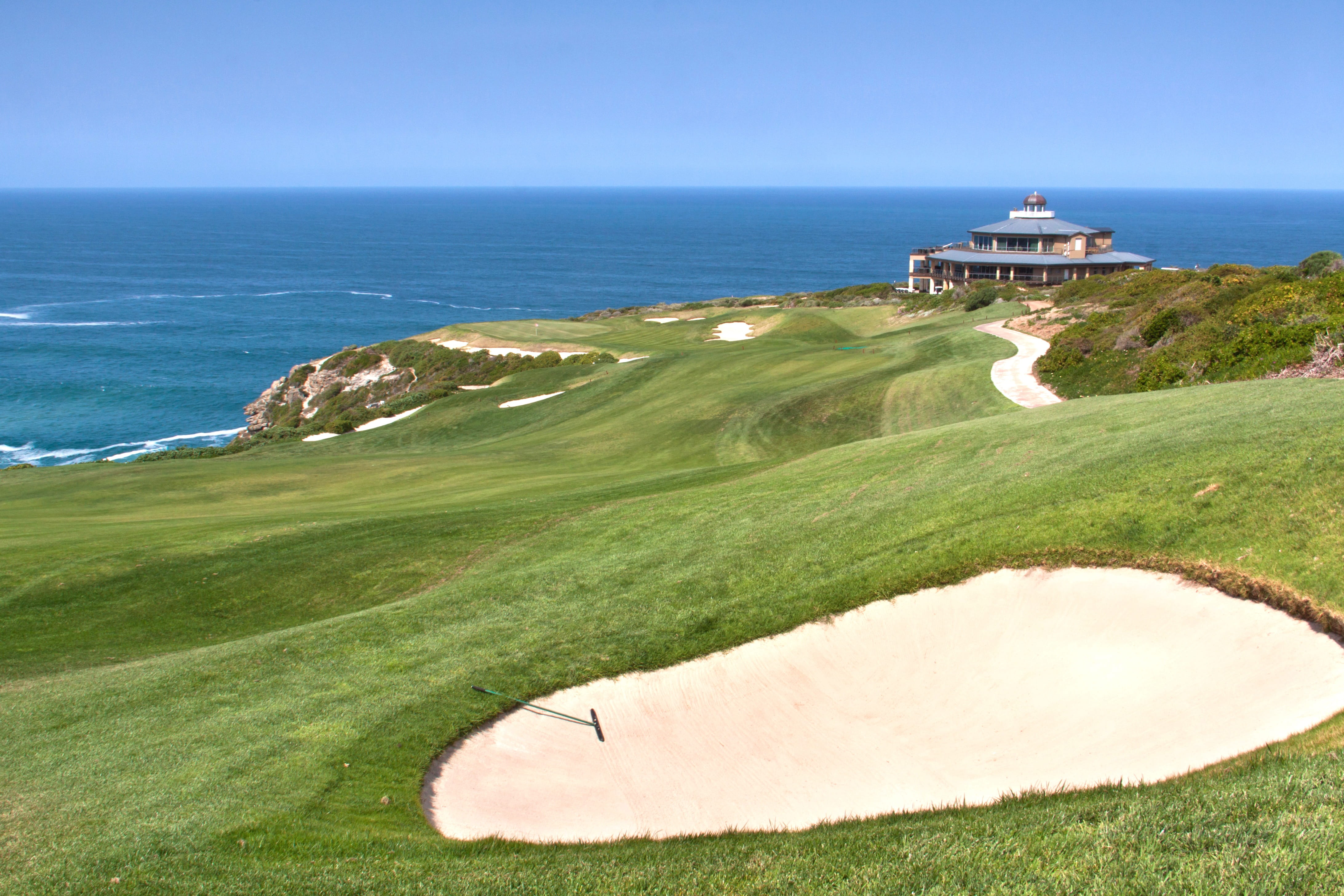 golf course, outdoors, tower, summer, lighthouse, guidance, sand trap, beach, nature, golf, sand, green color, Golf, horizon over water, built structure, HD Wallpaper