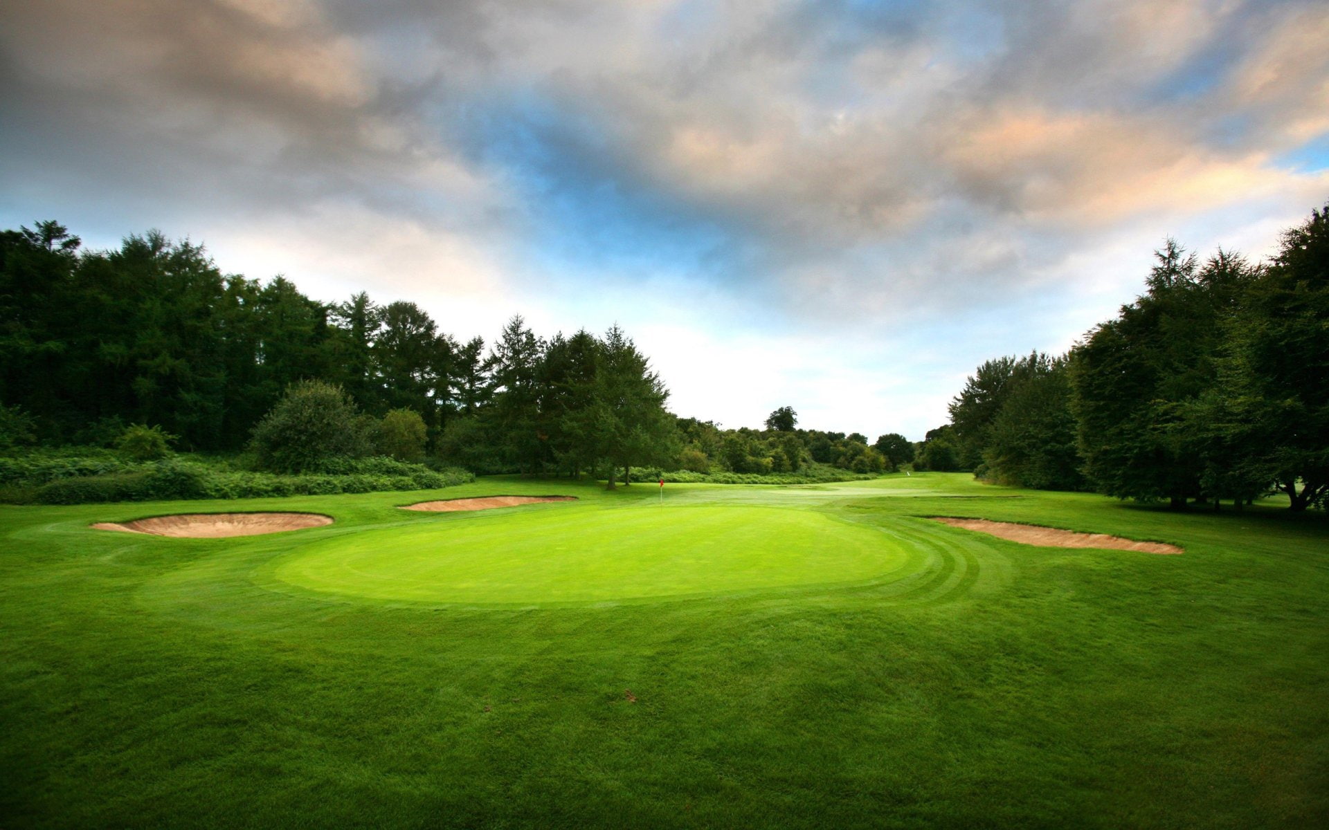 tranquility, scenics - nature, sky, landscape, Golf Course, plant, outdoors, tree, beauty in nature, sand trap, 1080P, green color, activity, tranquil scene, HD Wallpaper