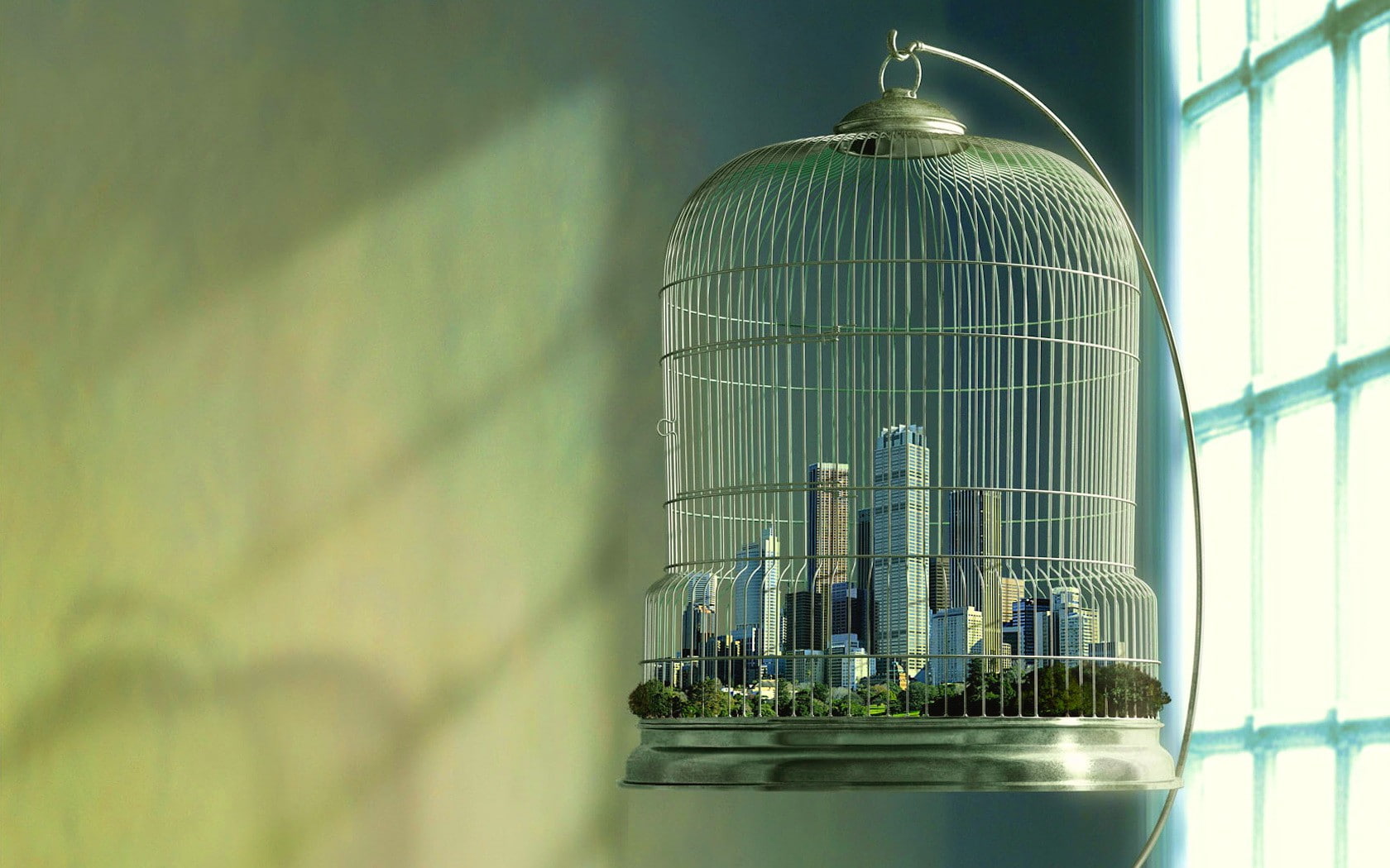 720P, fantasy art, photo manipulation, city, abstract, birdcage, HD Wallpaper