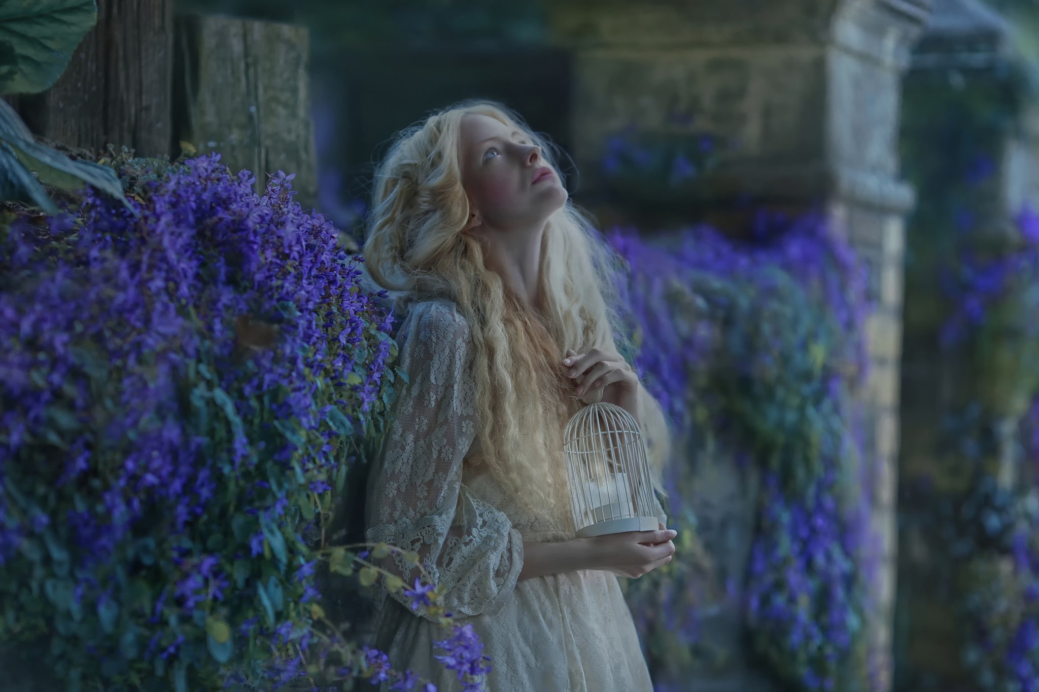 looking up, blue flowers, model, birdcage, cages, 1080P, flowers, women, fantasy girl, blonde, A. M. Lorek, HD Wallpaper