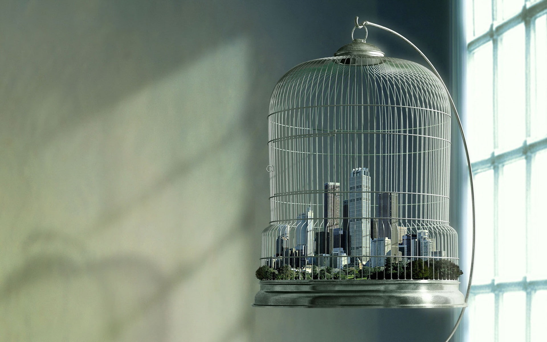 skyscraper, day, cages, metal, close-up, nature, birdcage, lighting equipment, wall - building feature, no people, window, shiny, low angle view, shadow, HD Wallpaper