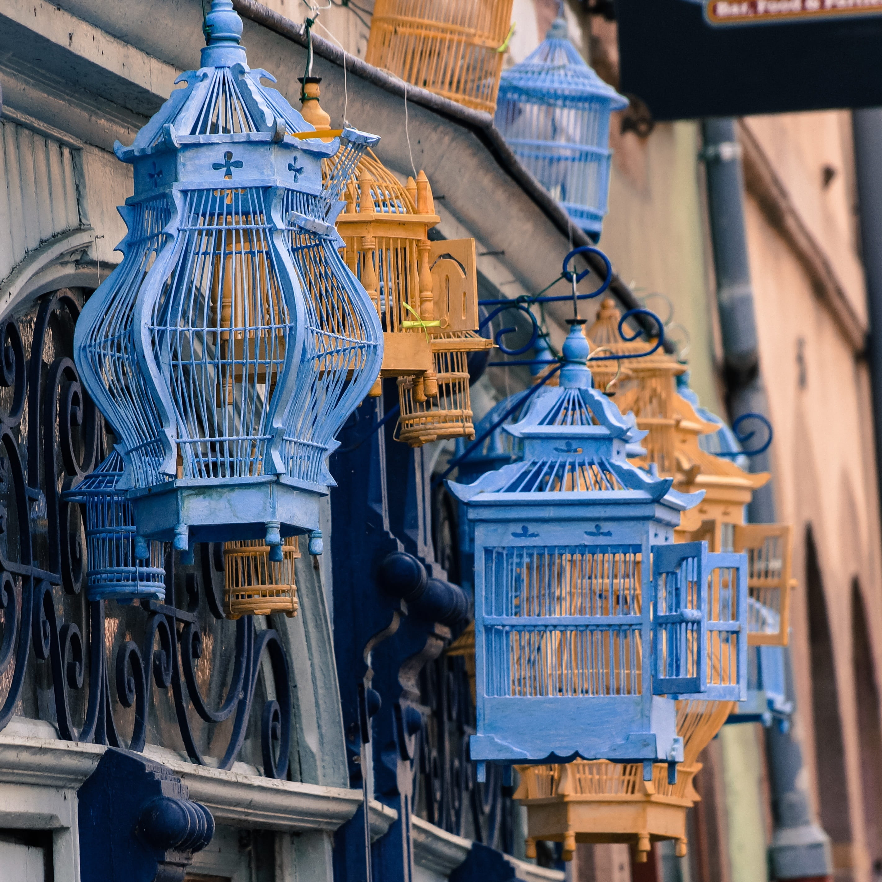 blue, selective focus, 2K, yellow, building exterior, low angle view, decoration, industry, cage, day, classic, metal, wooden, open, no people, ornament, Phone HD Wallpaper