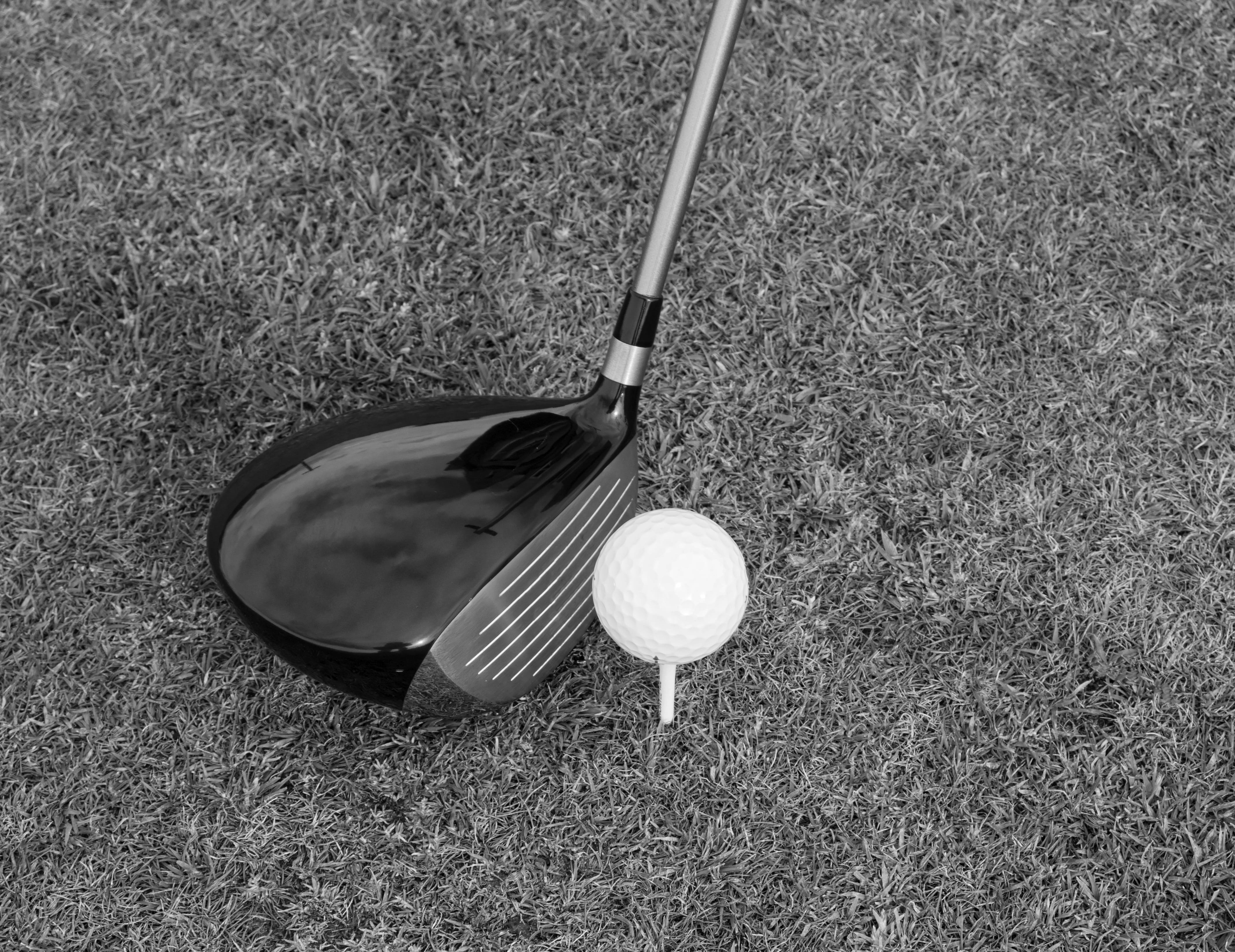 close-up, fairway, Ball, activity, game, studio shot, still life, sport, hit, black and white, driver, field, no people, player, 4K, day, golfing, swing, HD Wallpaper