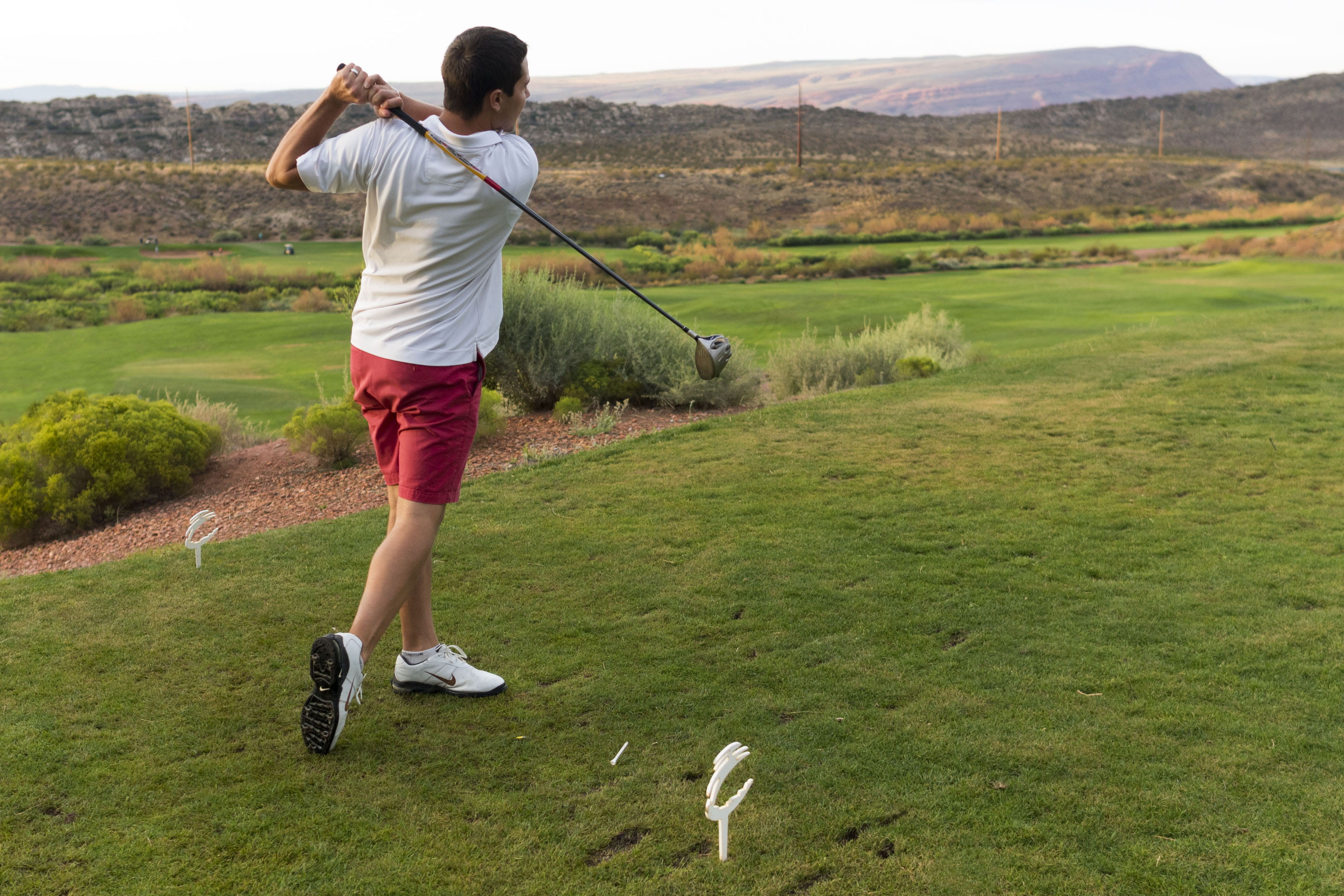 green - golf course, red rock, plant, day, utah, green color, tee, rear view, st george, driver, casual clothing, 2K, men, landscape, leisure activity, HD Wallpaper