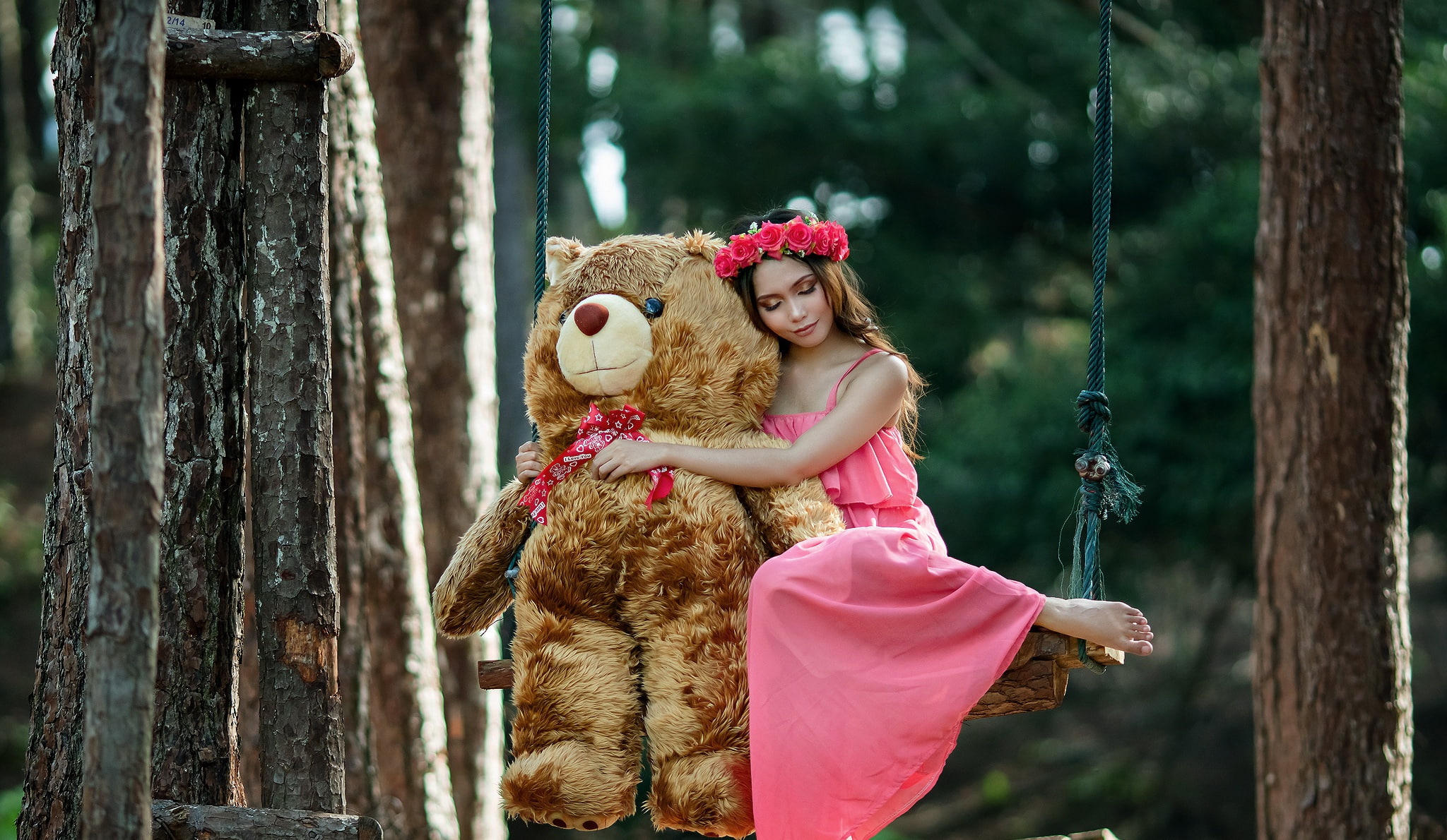 teddy bears, model, women, swings, barefoot, 1080P, closed eyes, HD Wallpaper