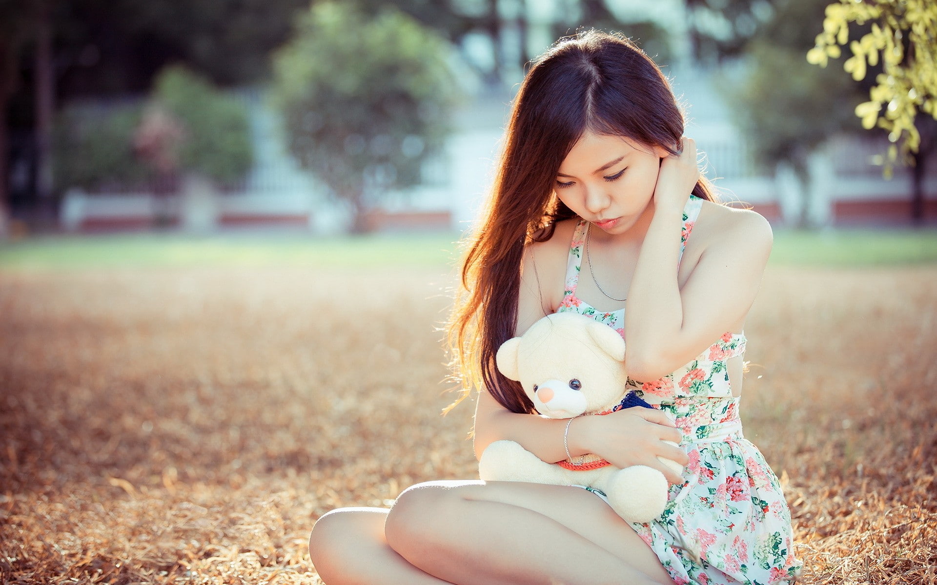 young women, model, contemplation, casual clothing, 1080P, hair, holding, beautiful woman, one person, nature, real people, dress, teddy bears, adult, HD Wallpaper