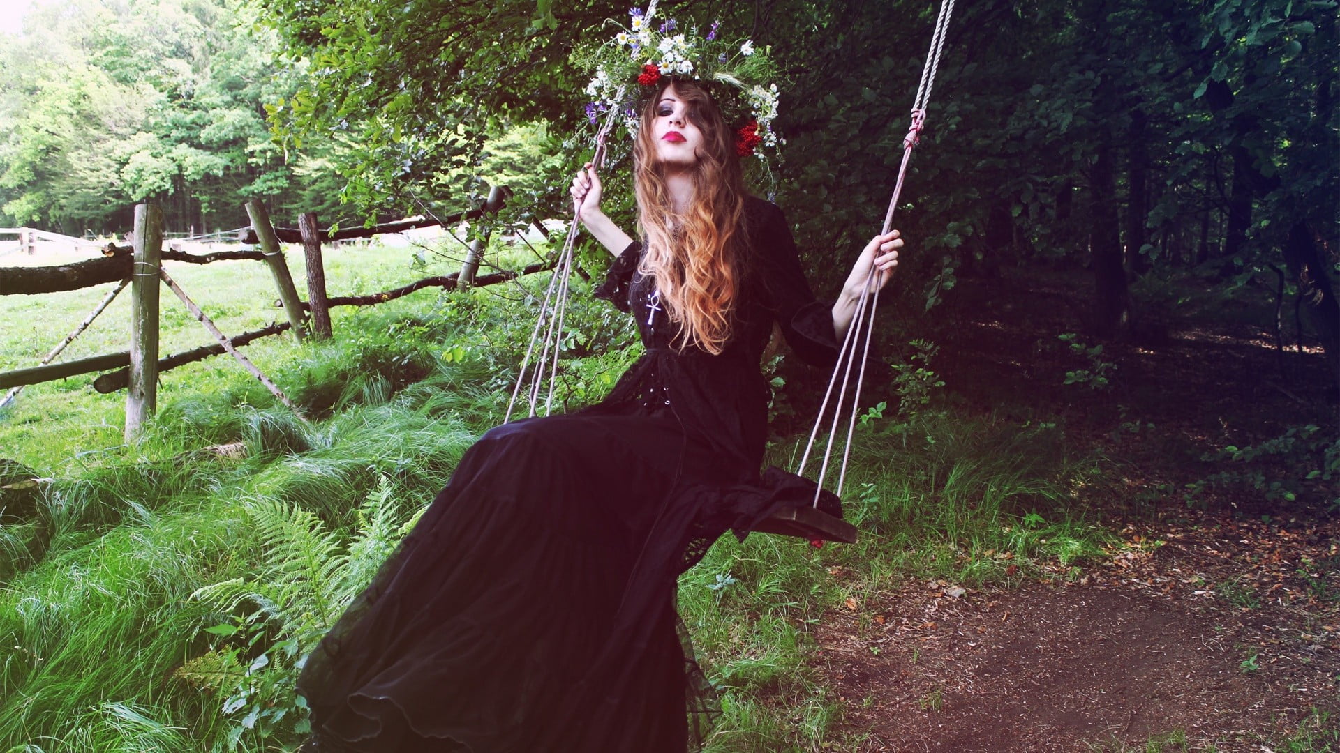 swings, forest, land, growth, long hair, black dress, leisure activity, mammal, flowers, 1080P, tree, green color, day, women, plant, wreaths, young adult, HD Wallpaper
