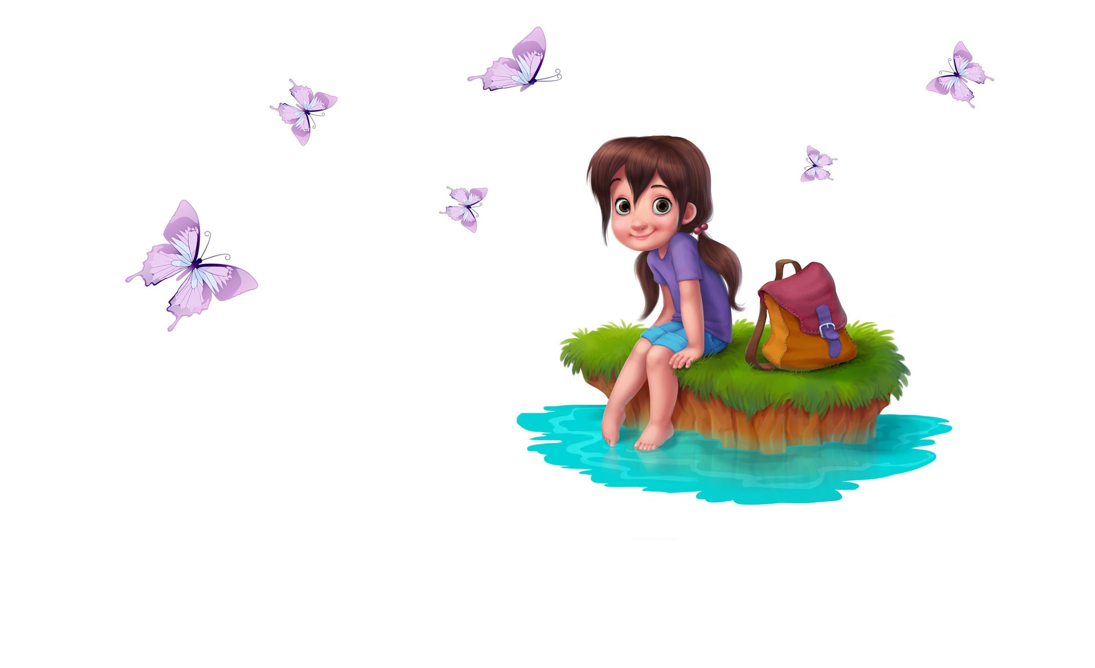 stream, Martina Petrova, childrens, mood, butterfly, Daydreaming, girl, art, summer, 1080P, HD Wallpaper