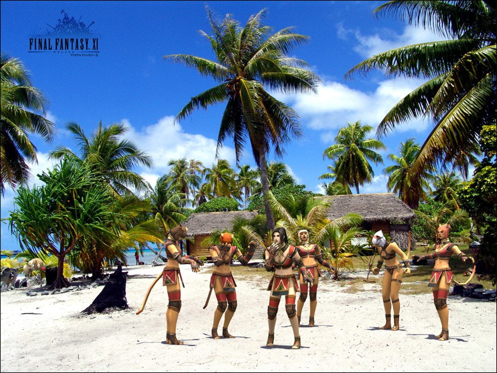 land, coconut palm tree, outdoors, 480P, group of people, sky, plant, Final Fantasy XI, men, water, crowd, beach, nature, large group of people, tree, HD Wallpaper