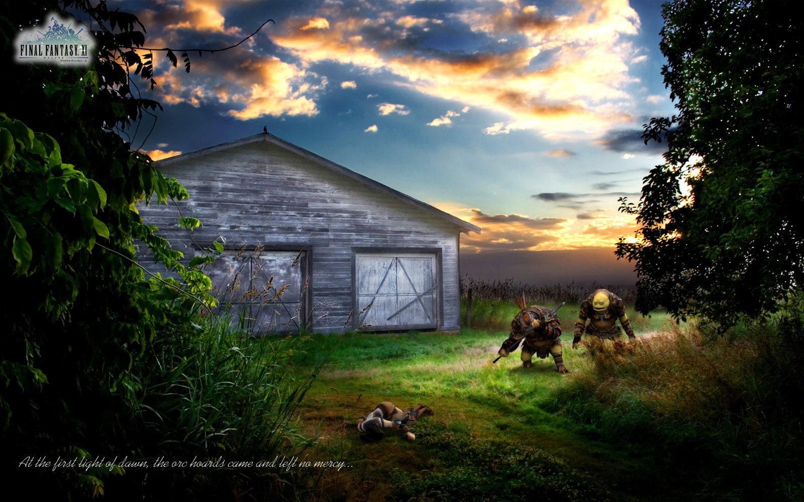Final Fantasy XI, architecture, Video Game, building, cloud - sky, sunset, tree, building exterior, mammal, plant, field, beauty in nature, animal, pets, HD Wallpaper
