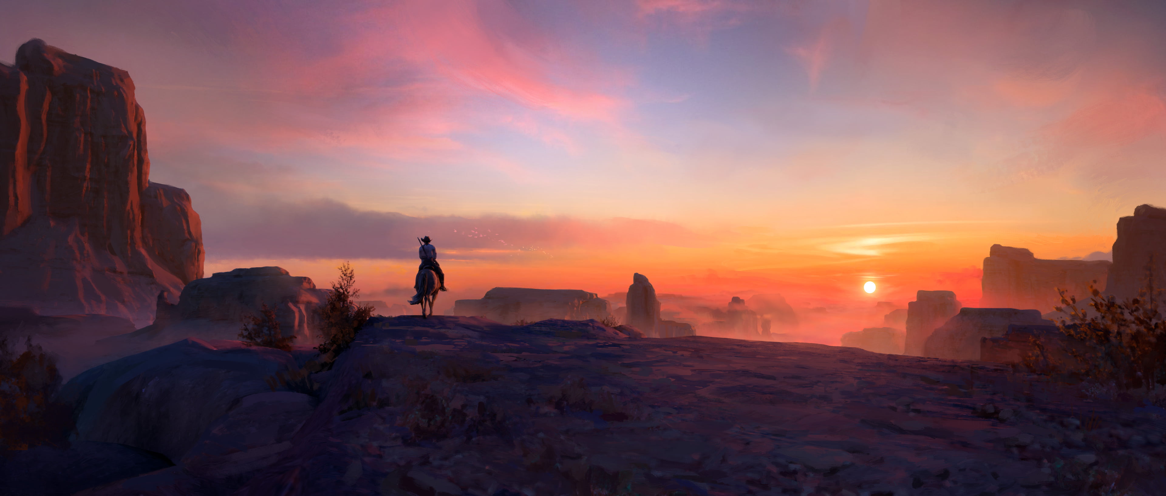 drawing, orange sky, Sun, Gavin ODonnell, ArtStation, sunset, ultrawide, 4K, digital art, ultra-wide, HD Wallpaper