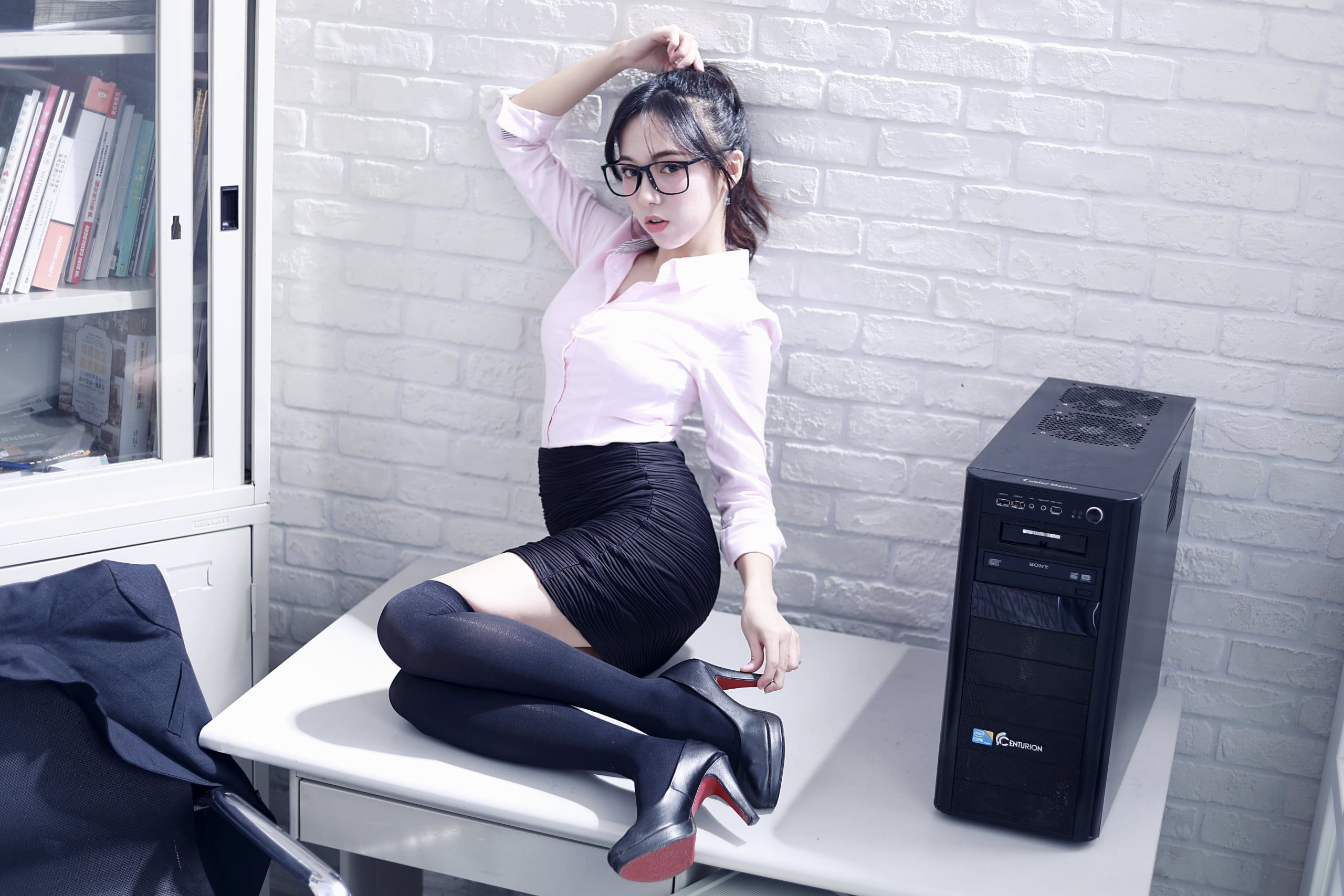 Asian, shirt, glasses, bricks, knee-highs, miniskirt, women with glasses, 2K, desk, computer, office girl, wall, ponytail, women, black legwear, high heels, HD Wallpaper
