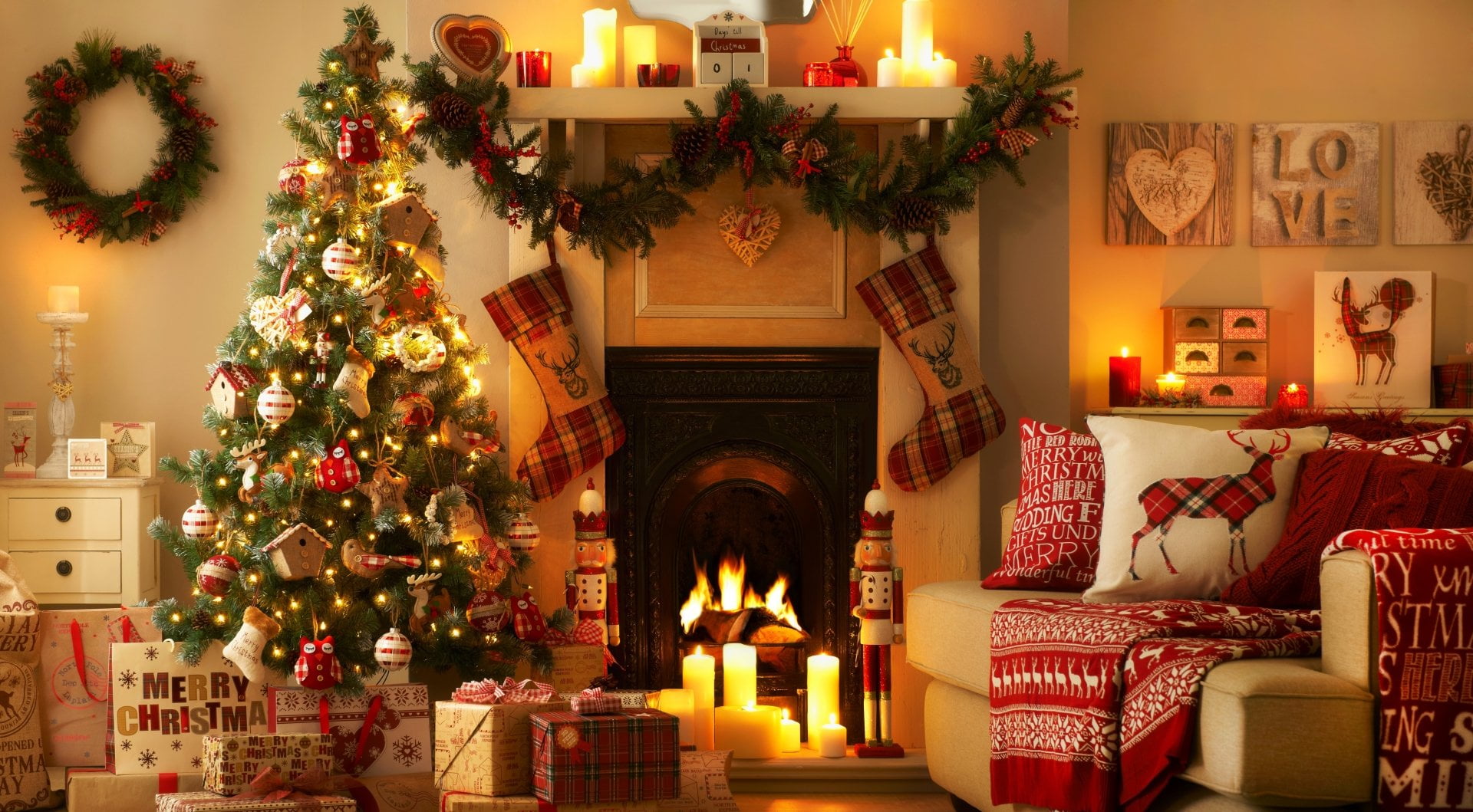 domestic room, holiday - event, tree, no people, Christmas Tree, Fireplace, Christmas Ornaments, christmas decoration, Stocking, 1080P, plant, illuminated, HD Wallpaper