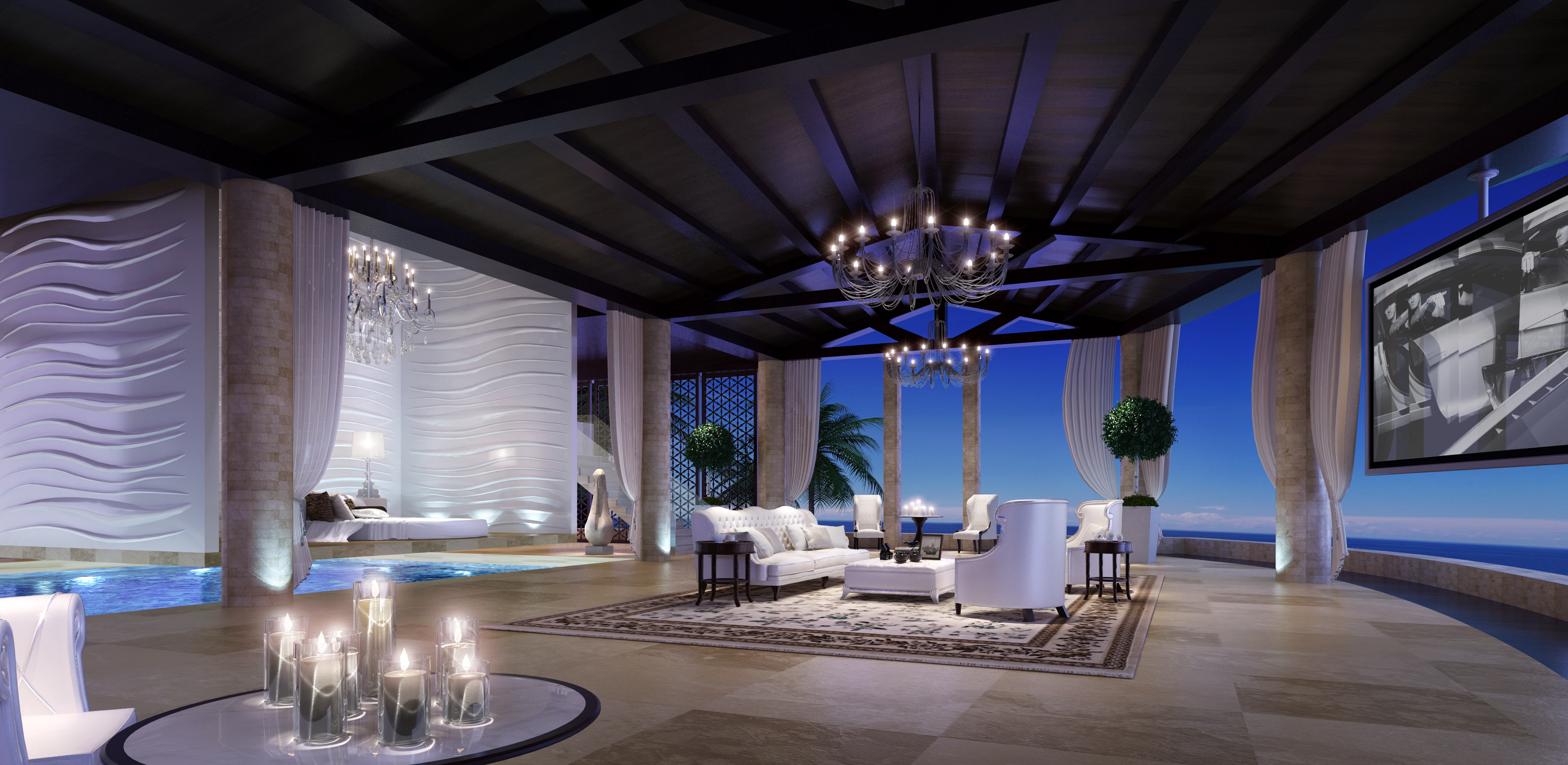 style, chandeliers, curtains, interior, design, chairs, 2K, sofa, TV., desigen, candles, HD Wallpaper