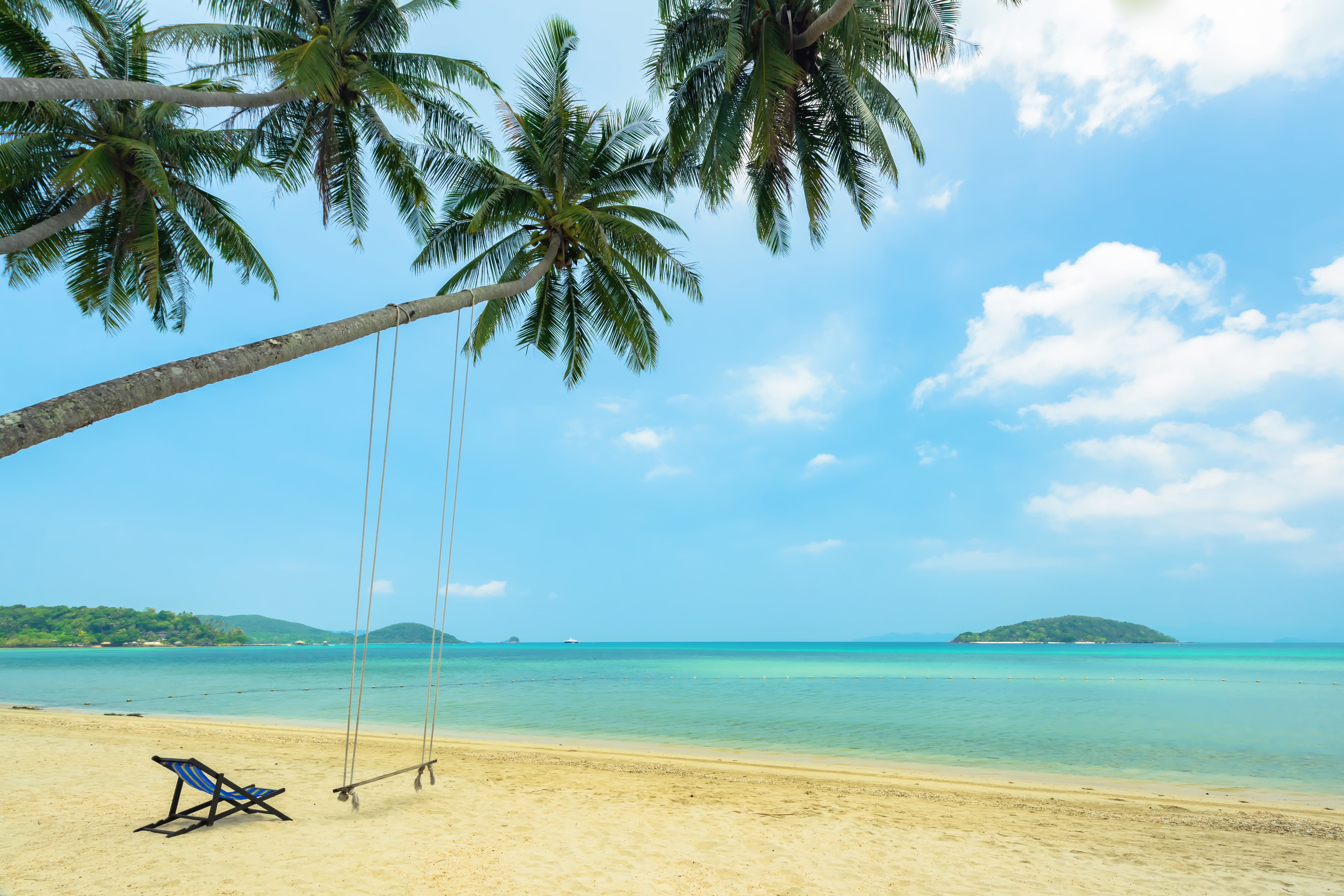 5K, chaise, swing, sea, the sun, paradise, beach, stay, palm trees, palms, summer, tropical, sand, wave, vacation, HD Wallpaper