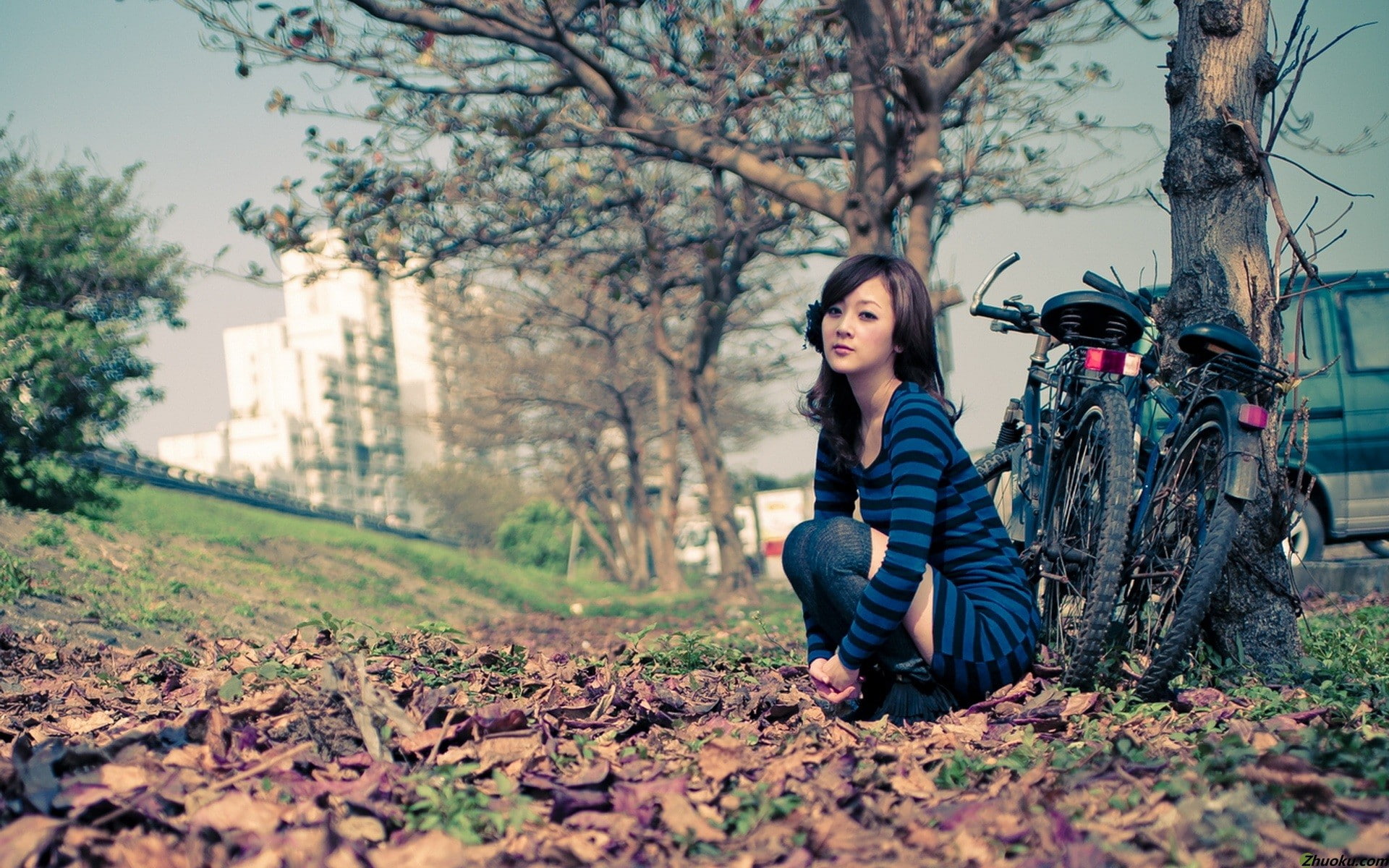 Asian, plant, 1080P, nature, beautiful woman, outdoors, contemplation, selective focus, one person, leaf, sitting, leisure activity, young women, Mikako Zhang Kaijie, HD Wallpaper
