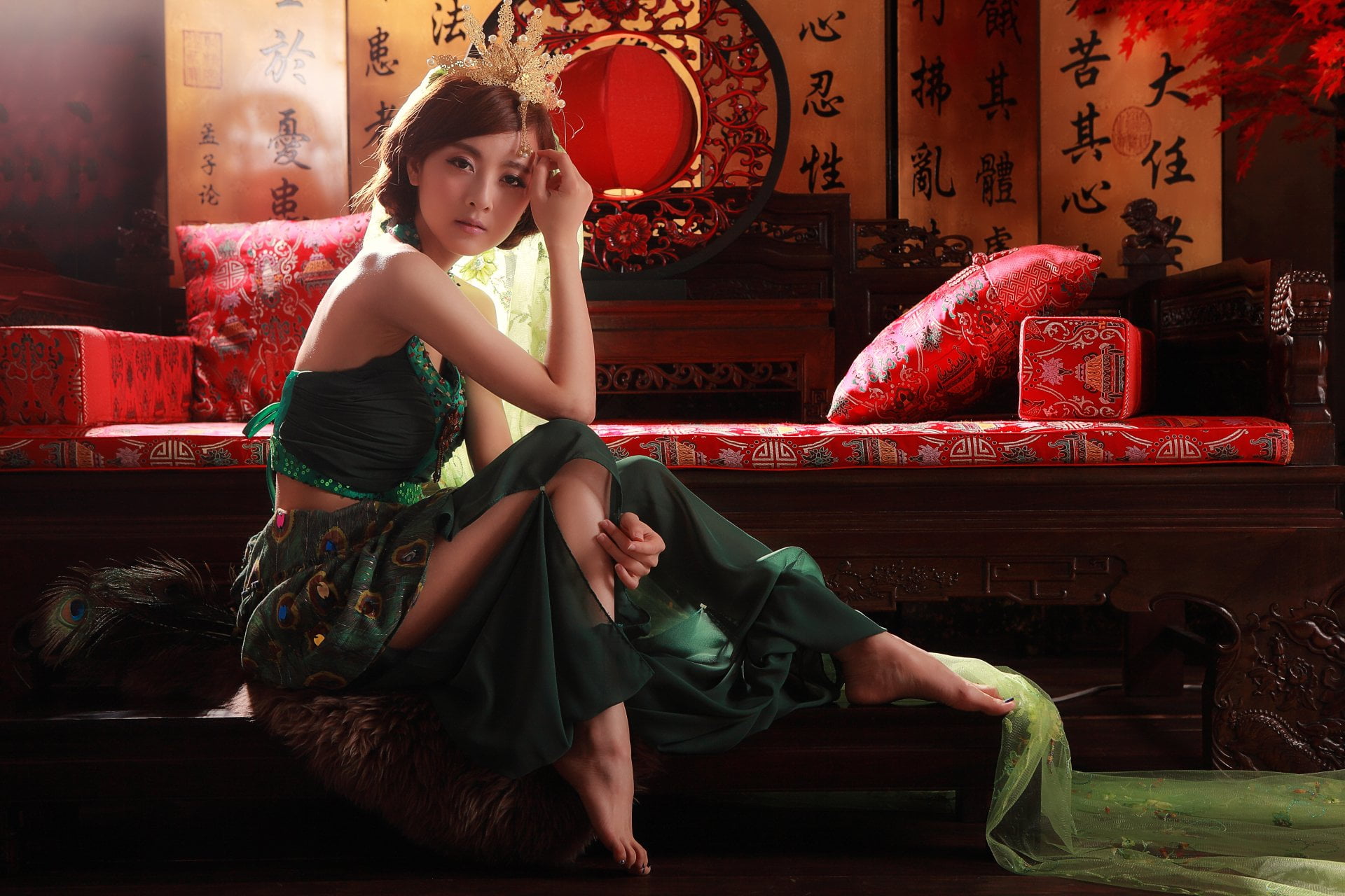 real people, full length, furniture, Models, lifestyles, beautiful woman, one person, 1080P, Mikao, Skirt, Pillow, adult, dress, indoors, Girl, leisure activity, HD Wallpaper