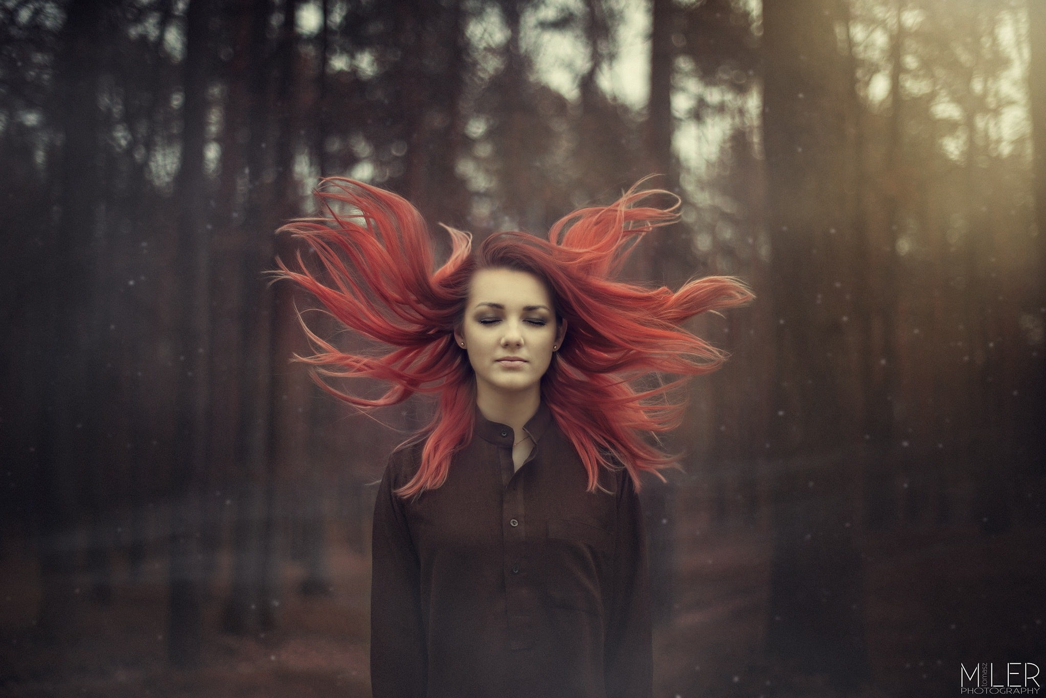 one person, eyeshadow, teenager, windy, shirt, woodland, wind, motion, outdoors, adult, trees, lifestyles, Tomasz  Miler, portrait, motion blur, bokeh, HD Wallpaper