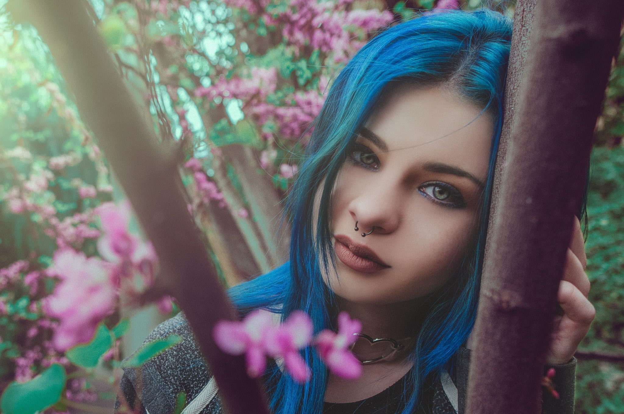 face, depth of field, blue hair, 1080P, nose rings, tree, hair, plant, lifestyles, one person, young adult, hairstyle, looking at camera, outdoors, dyed hair, HD Wallpaper