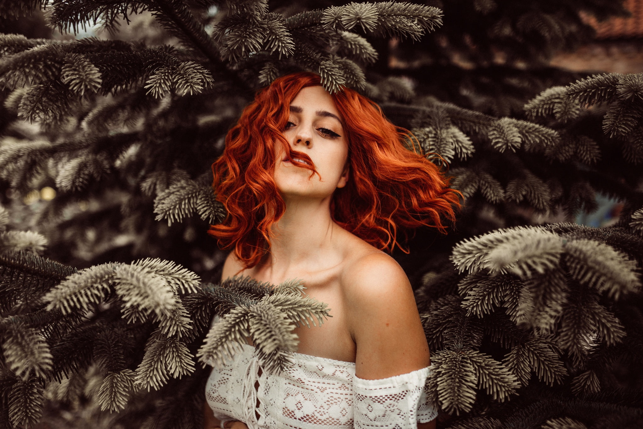 fashion, nature, women, fur, adult, glamour, hair, hairstyle, winter, dyed red hair, trees, beautiful people, beautiful woman, beauty, elegance, warm clothing, HD Wallpaper