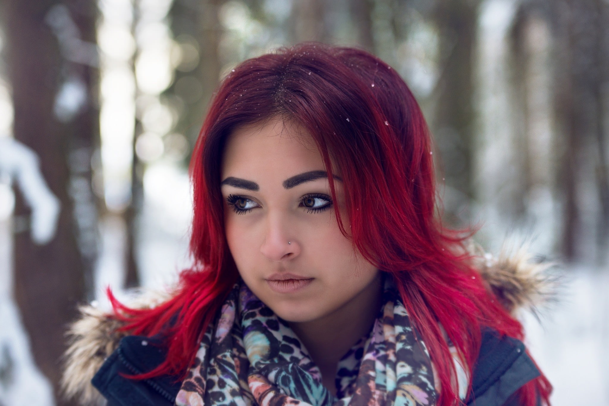 scarf, dyed hair, 1080P, clothing, outdoors, beautiful woman, portrait, young women, hair, woodland, winter, adult, headshot, young adult, tree, women, HD Wallpaper