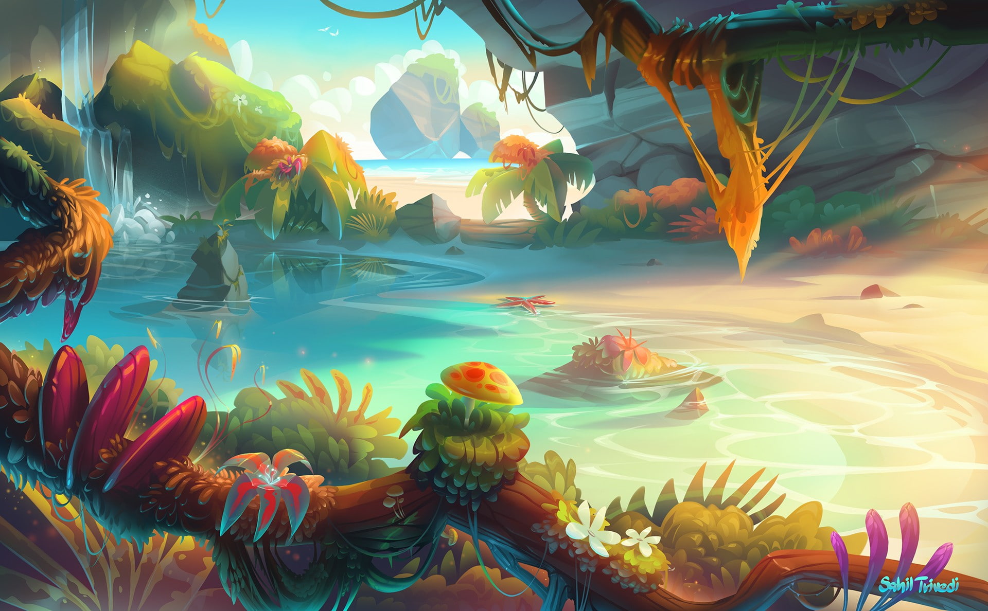 landscape, illustration, 1080P, fantasy art, mushroom, sunset, bonsai, water, HD Wallpaper