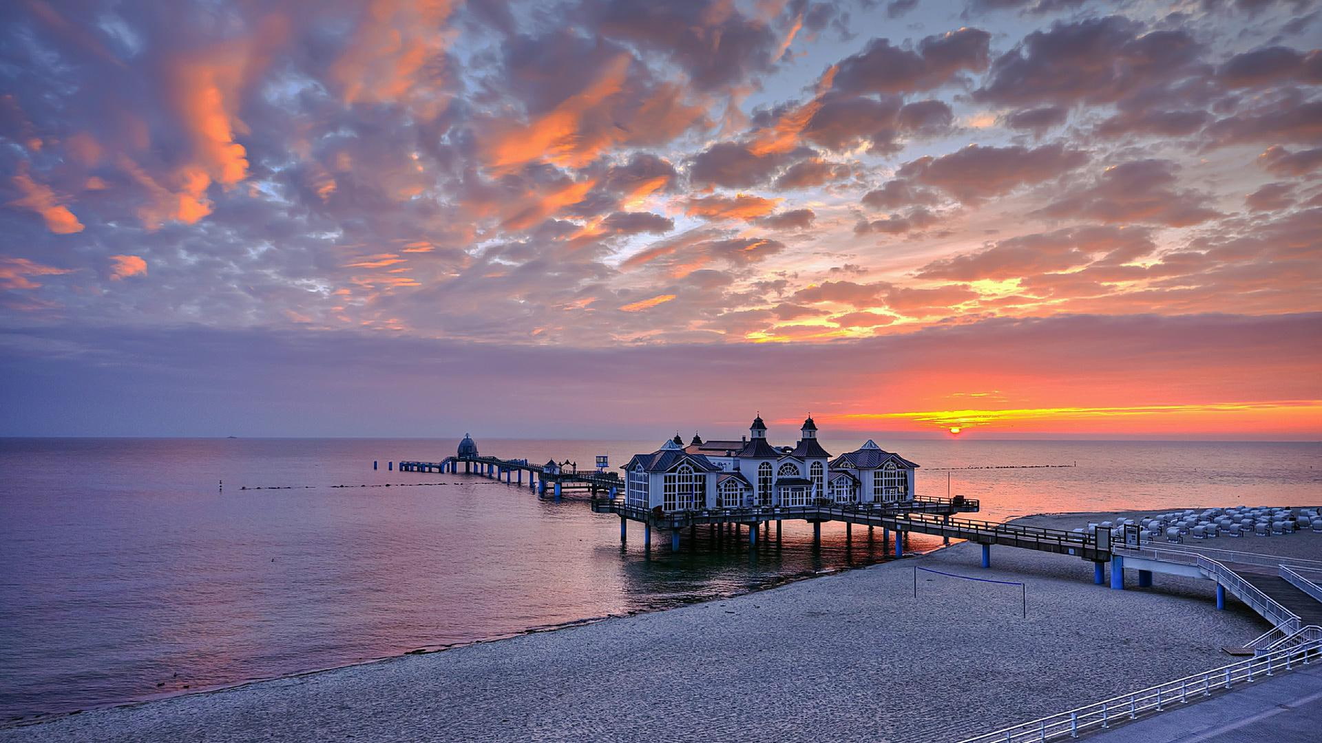 nature, sea, architecture, sunrise, ocean, background, sunset, clouds, sky, 1080P, buildings, pier, dock, pictures, HD Wallpaper